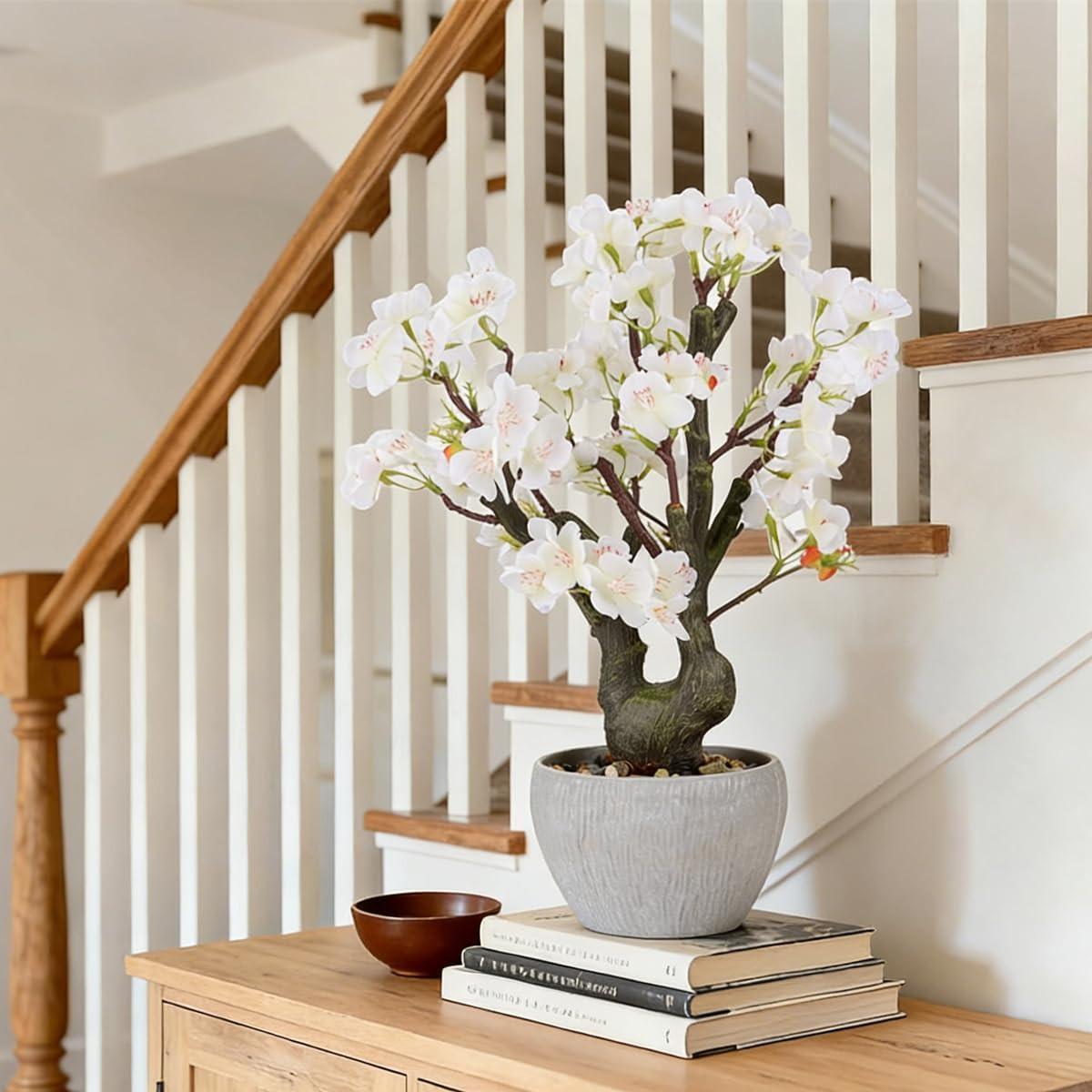 Realistic White Cherry Blossom Bonsai Tree – 15.7″ Potted Floral Decor