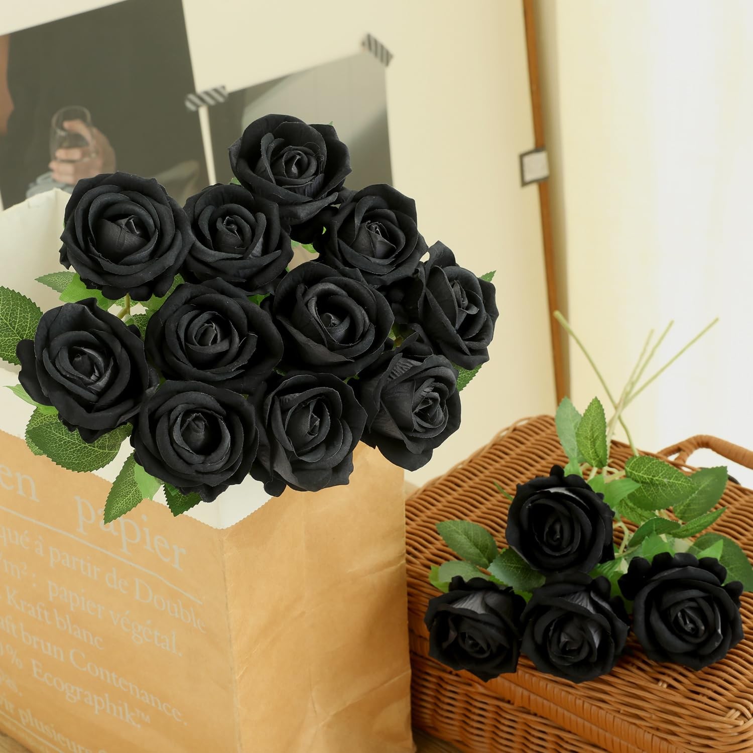 12 PCS Black Roses Artificial Flowers Faux Velvet Silk Roses Home Wedding