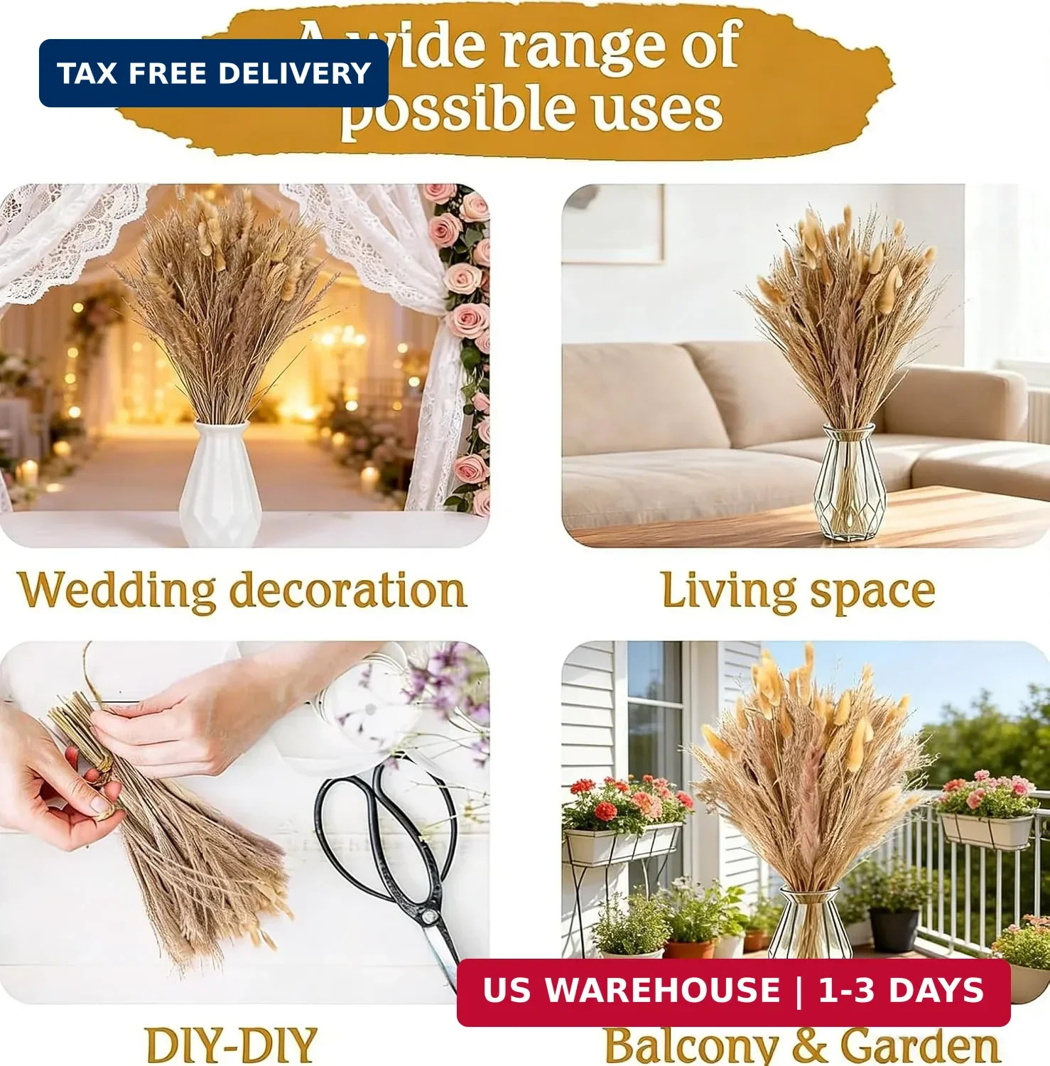 100 Pcs Pampas Grass Boho Decor, 17″ Dried Flowers Bouquet for Vase, Crafts, Boh