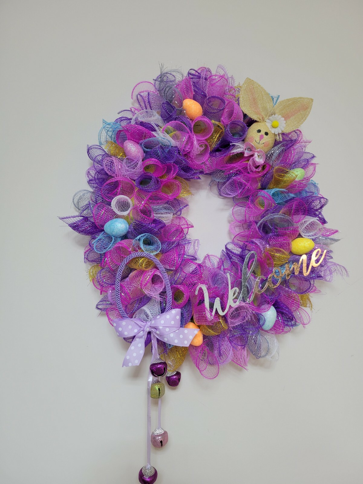 Welcome EASTER egg basket blue yellow purple pink SPRING Wreath Deco Mesh Door
