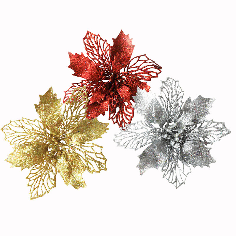 10/5pcs Glitter Christmas Poinsettia Hanging Flowers Xmas Party Tree Decorations