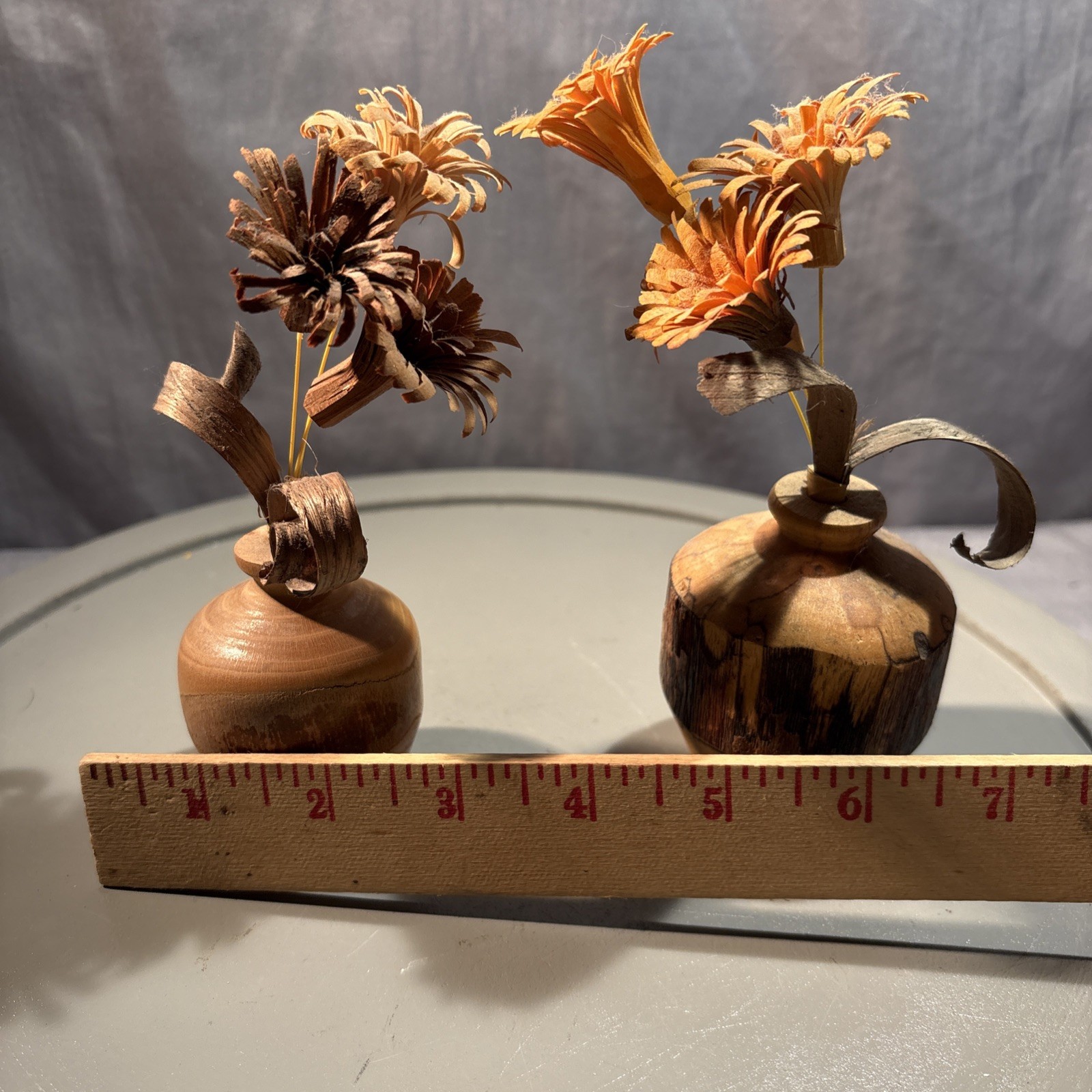 Set Of 2 ~ Wood Shaving Artificial Flowers in wood vase 6″ H Brown Orange Beige