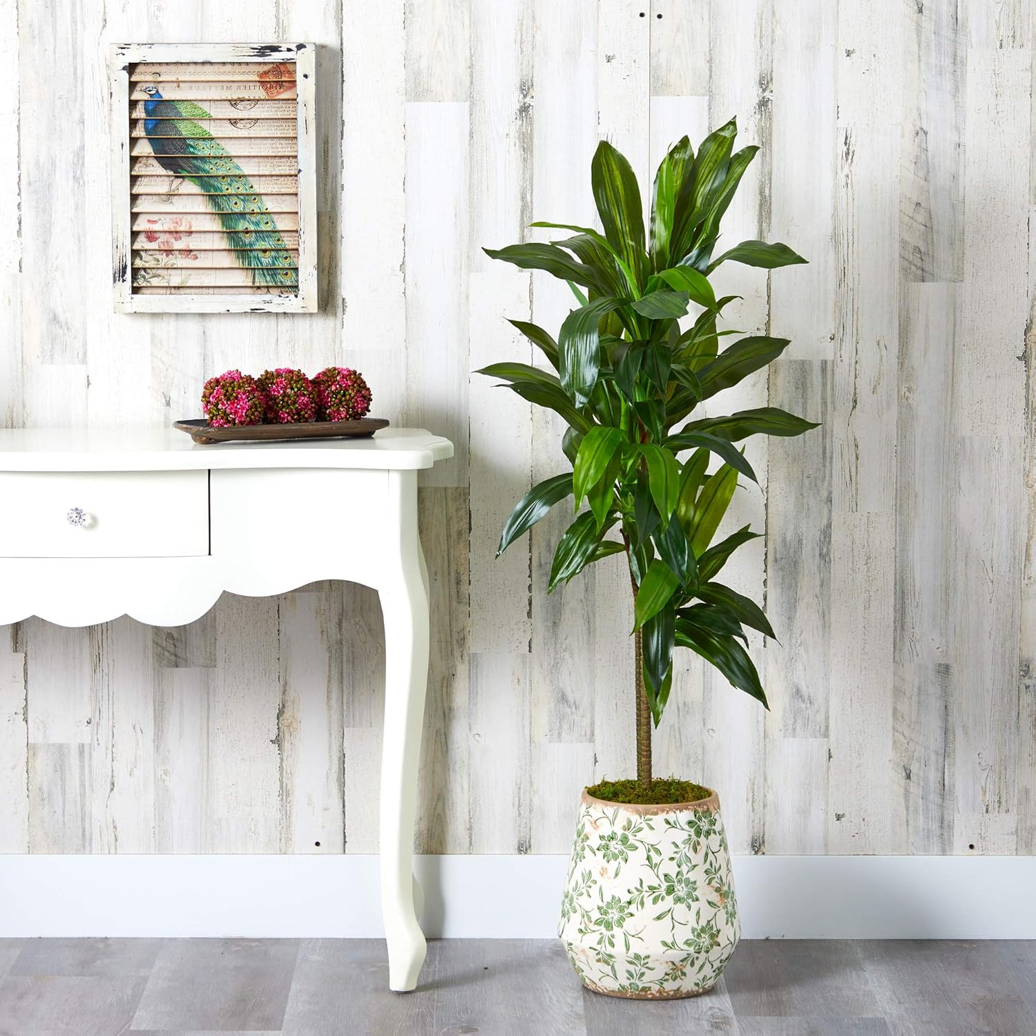 Real Touch 4Ft Dracaena Plant in Stylish Flower Print Planter
