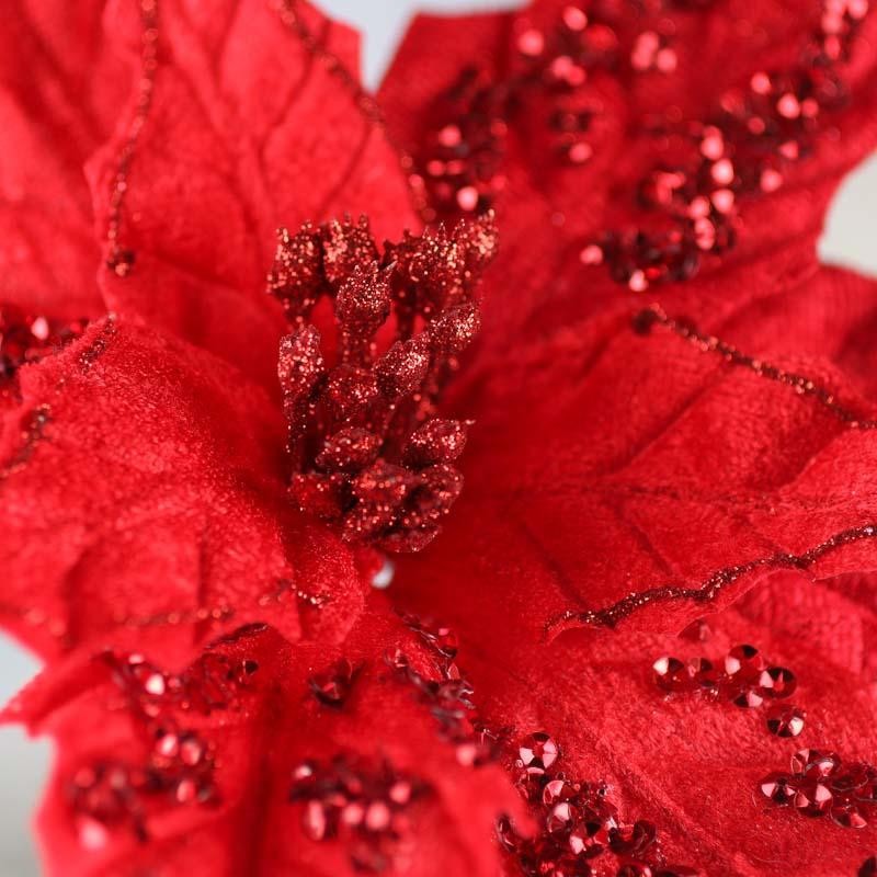 Pair of Sparkling Red Velvet Artificial Poinsettia 12″ Picks
