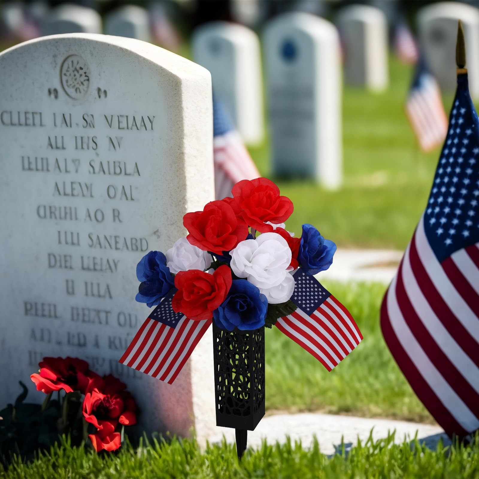 4 Pack Artificial Flowers for Cemetery 4th of July Red White Blue Flowers wit…