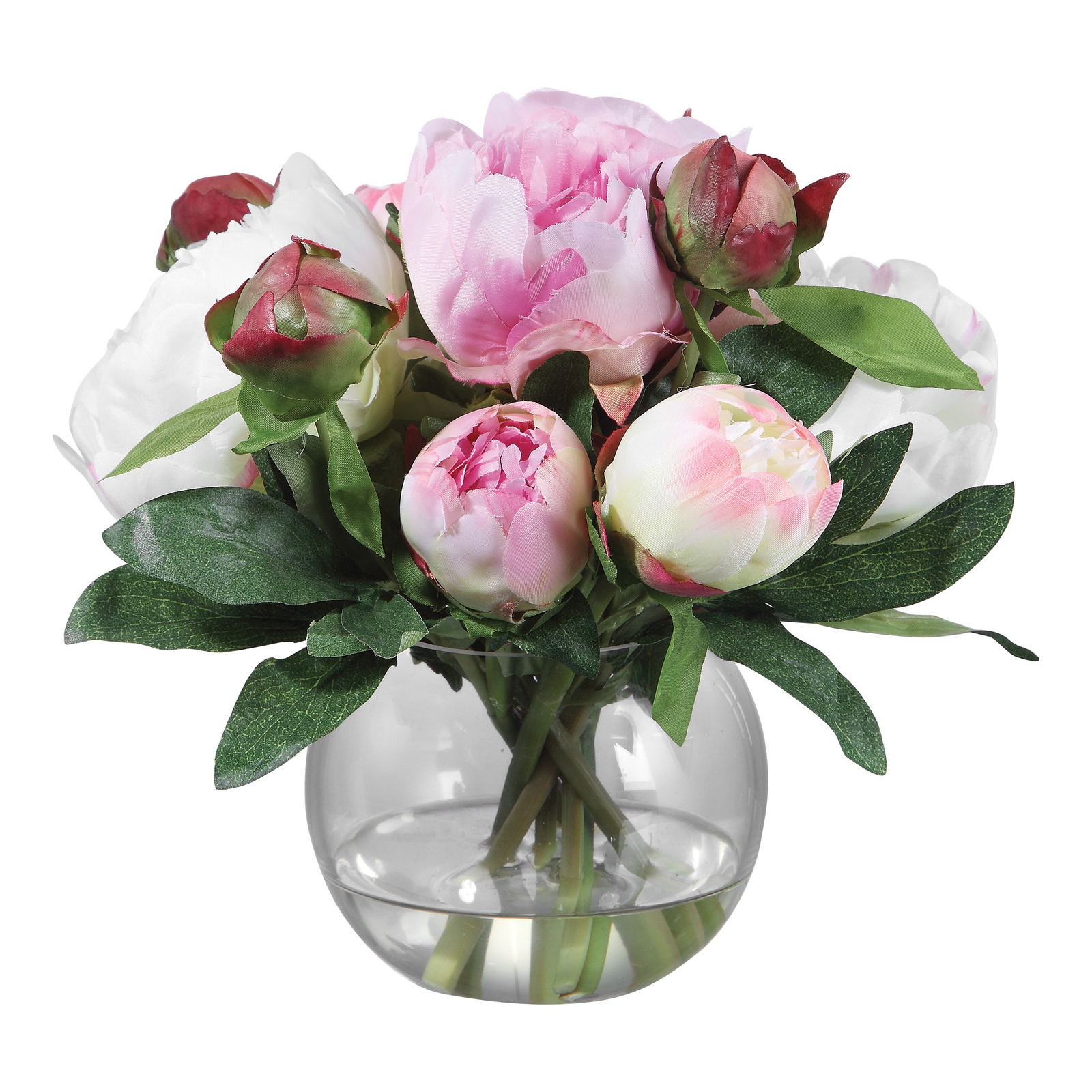 Luxe Large Pink White Peony Flower Bouquet Faux Floral Glass Vase