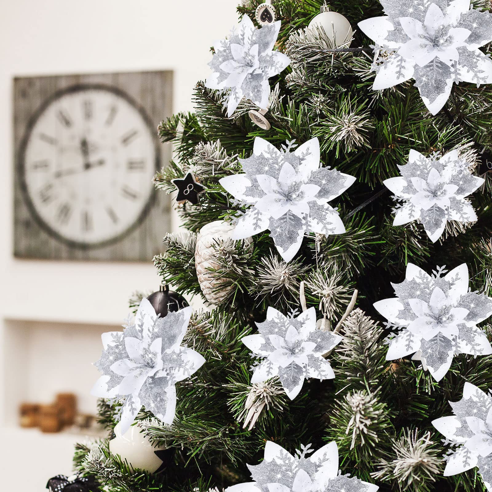 36 PCS Silver White Christmas Glitter Artificial Poinsettia Flowers 3 Sizes