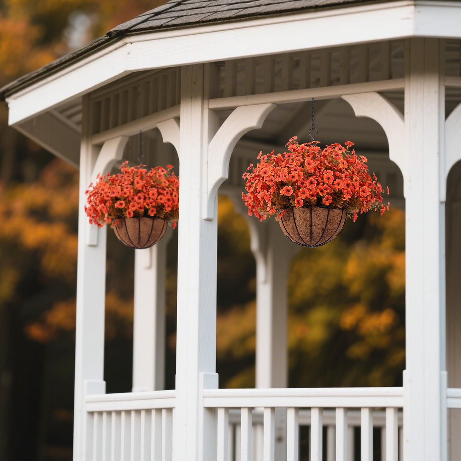 24 Pcs Artficial Outdoor Flowers with Hanging Baskets, Orange Fall mums 2 Pac…