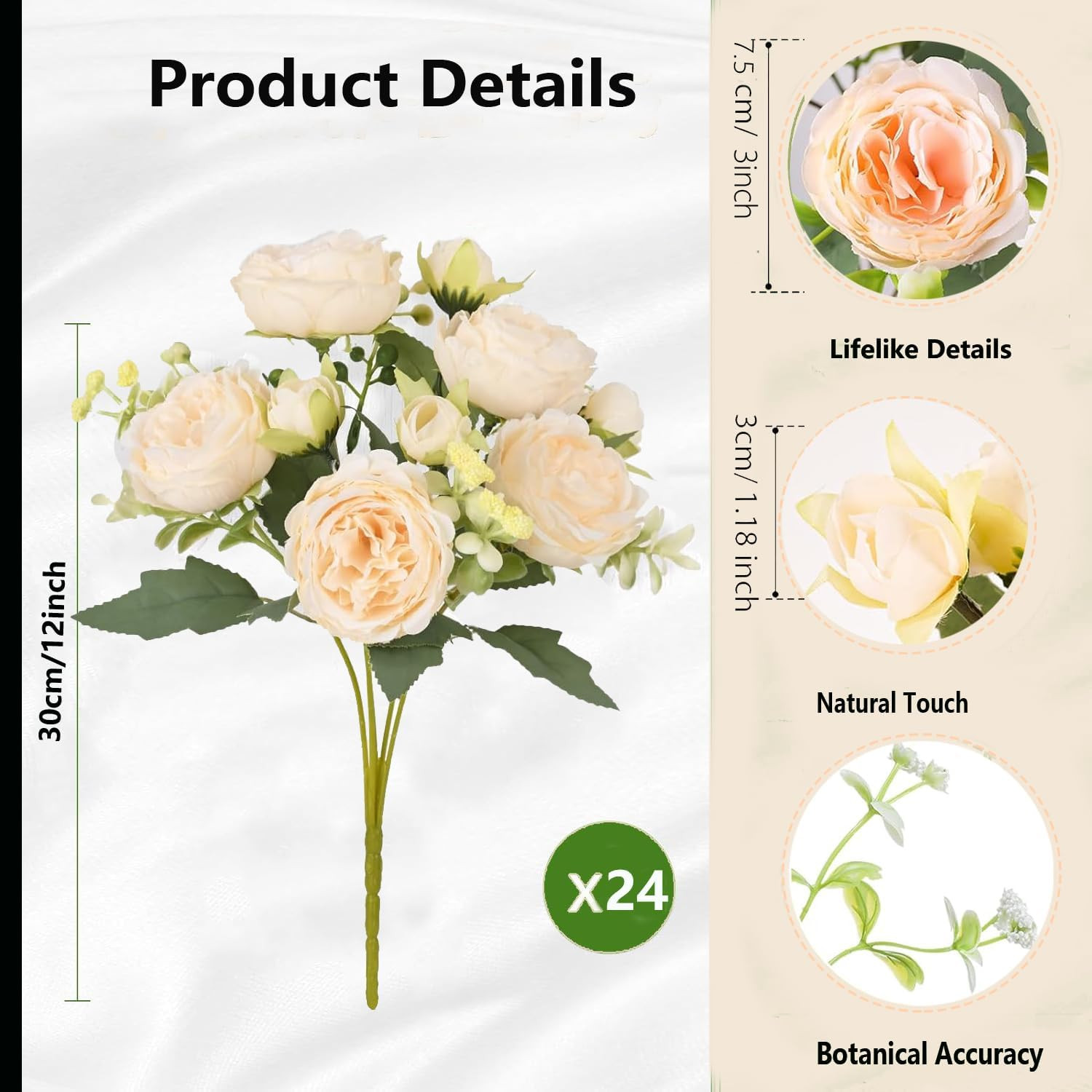 24 Bundles White Peonies Silk Flowers for Home, Weddings & DIY Arrangements