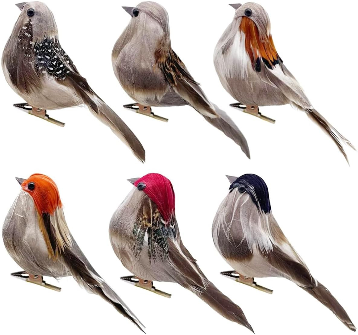 6PCS Decorative Artificial Birds Clip on Realistic Sparrow 4Inch Foam Feather Bi