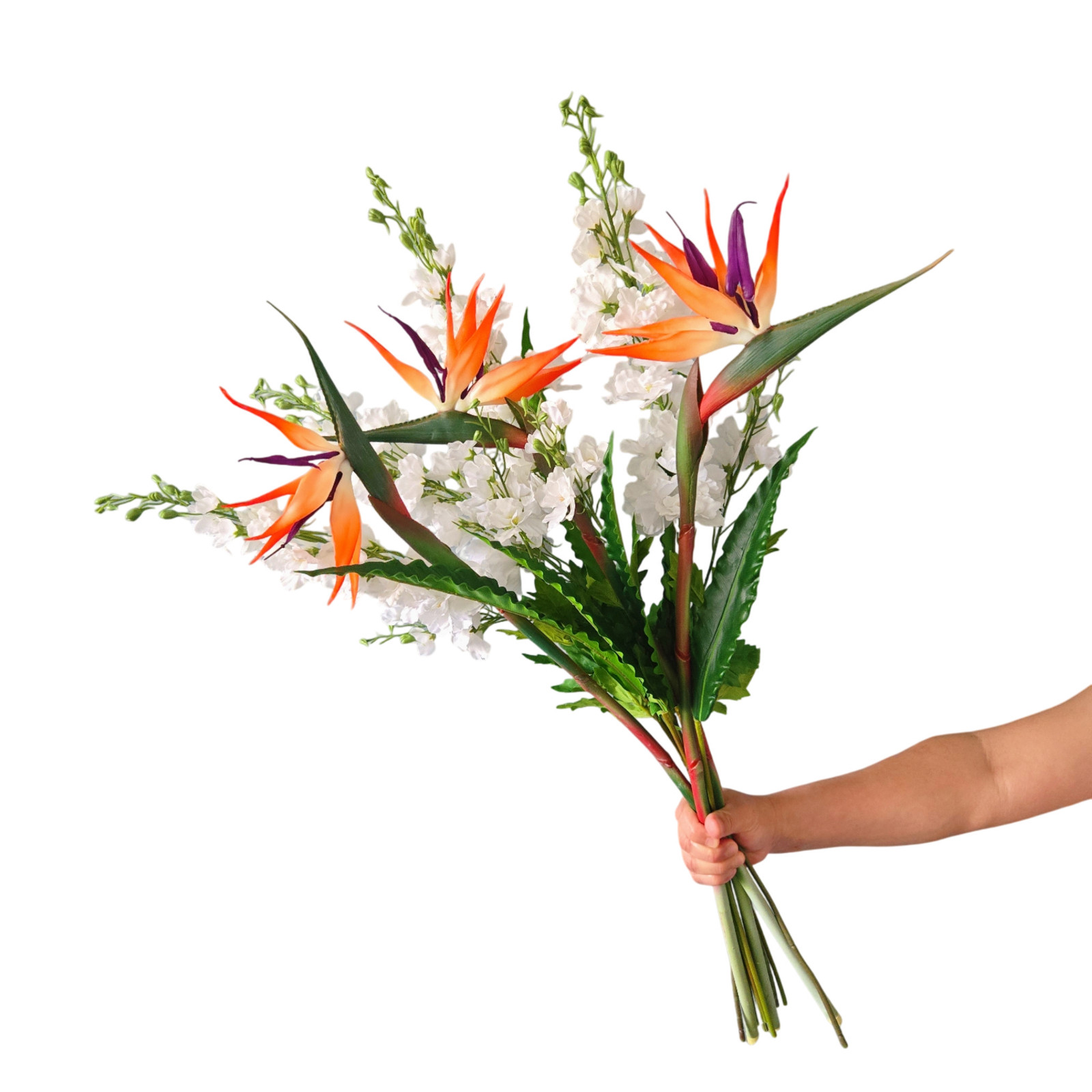 12-Stem Artificial Flower Set ?Bird of Paradise,Bird?s Nest Fern and Delphinium