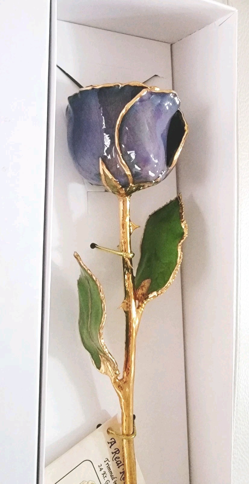 24K GOLD Trimmed 11″ REAL ROSE *LACQUER & GOLD Dipped *DEC BirthStone -TANZANITE