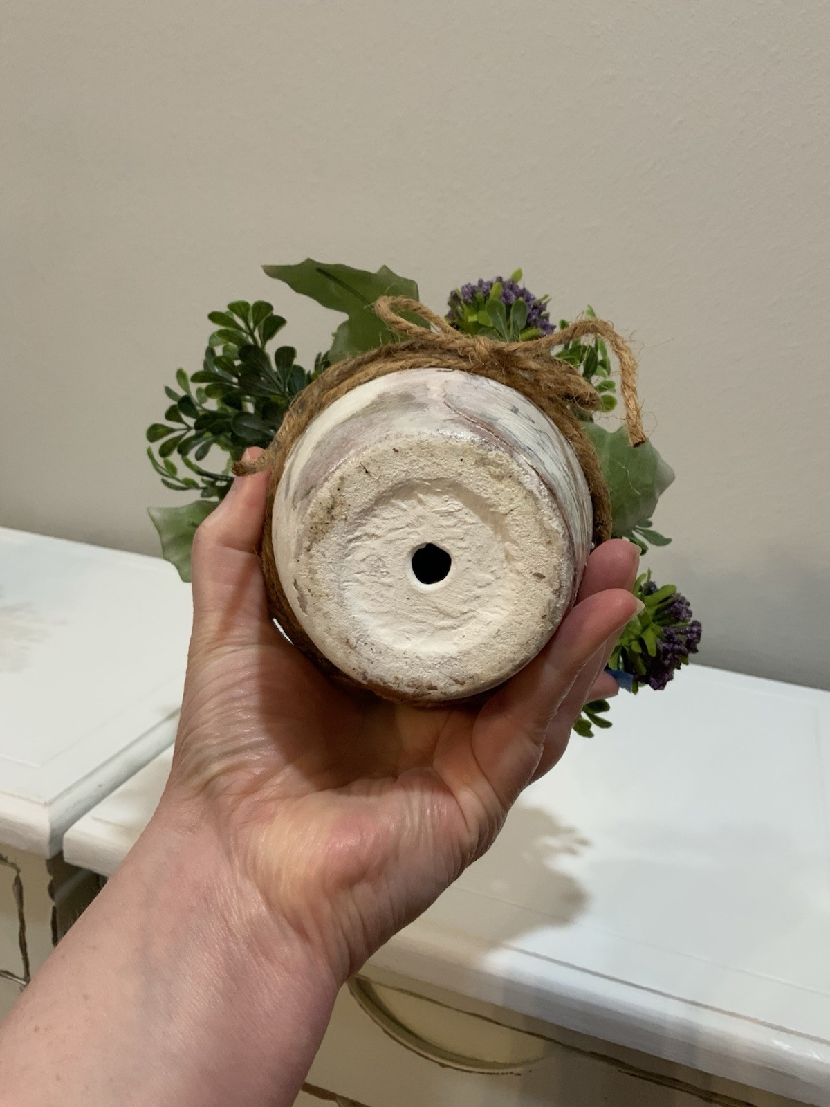 Distressed White Wash Terracotta Pot Paris Purple Flower Arrangement Bow