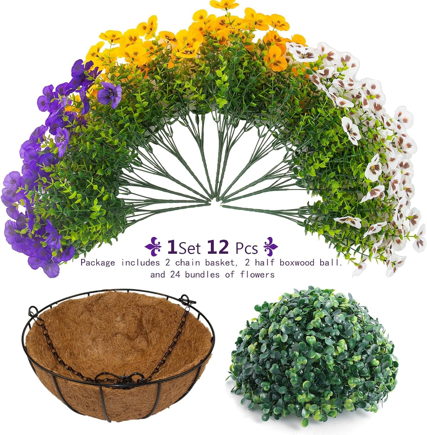 2 Sets Artificial Hanging Pansy Flowers W/ Baskets 24 Pcs UV Resistant Faux Silk