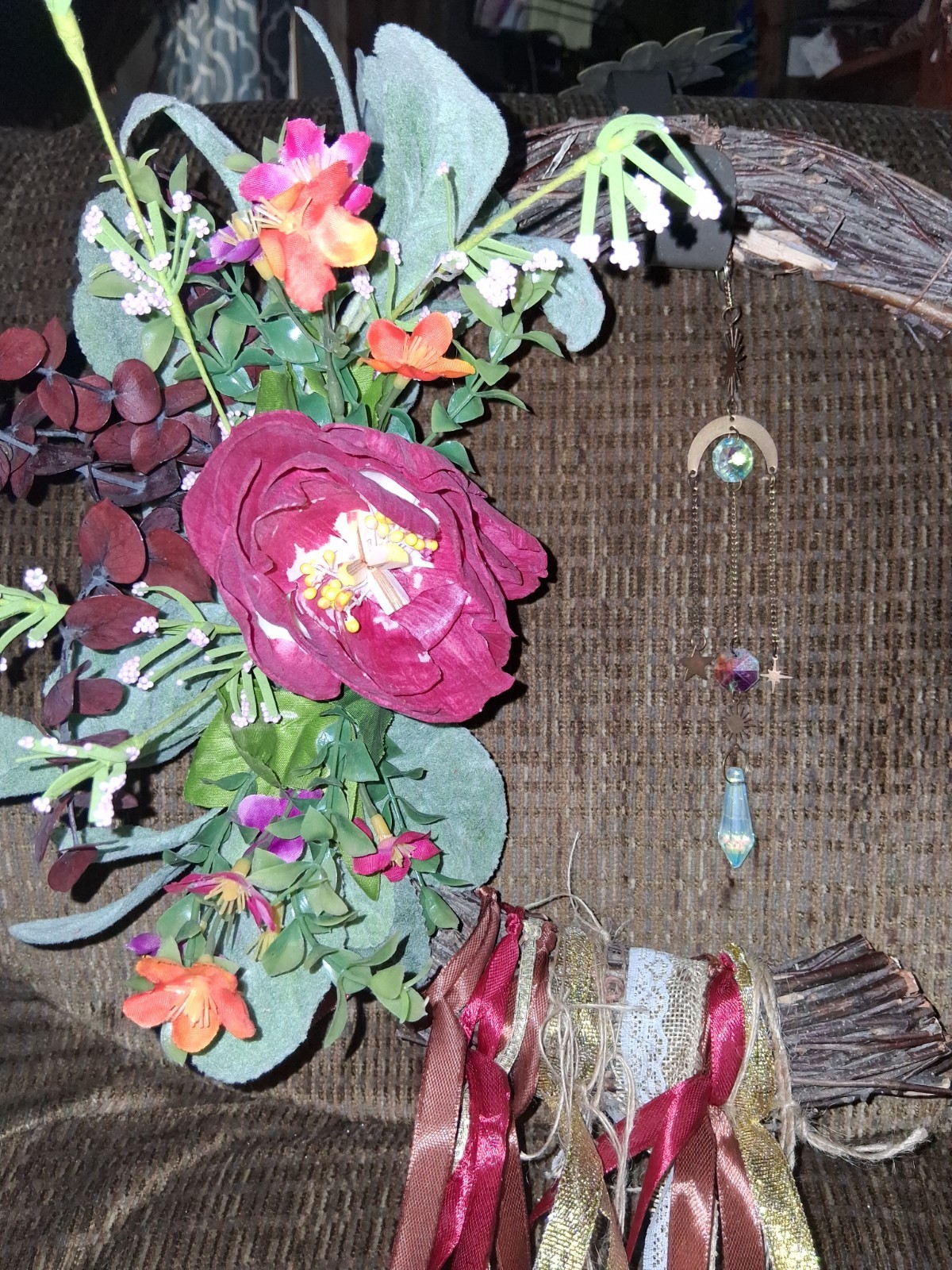 12″ Reiki Infused Crescent Moon Wreath Burgandy, Pinks, With Suncatcher, Bells