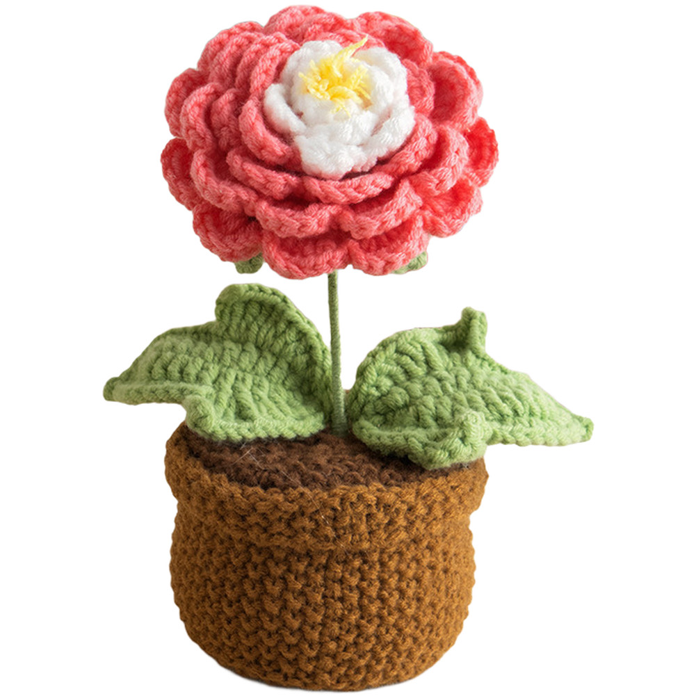 Crochet Peony Artificial Flower in Pot Handmade 17cm Milk Cotton Piece