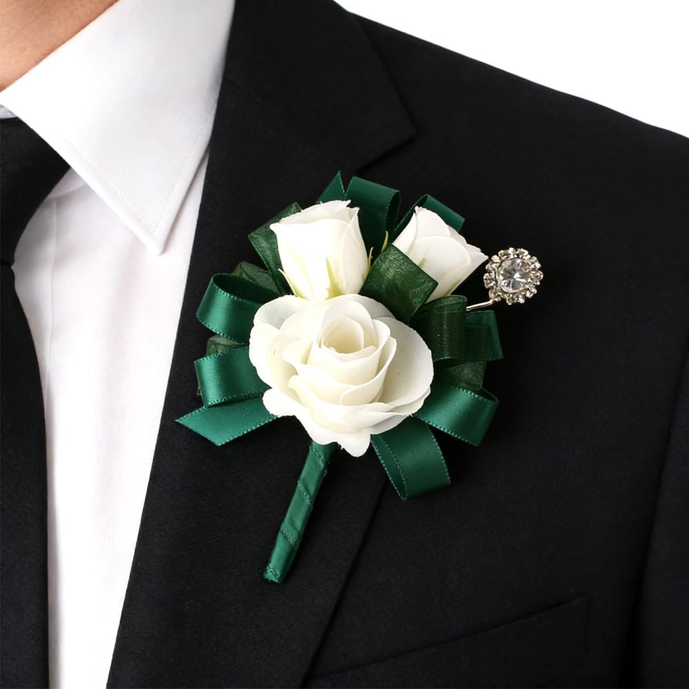 Ivory Rose Wrist Corsage Boutonniere Set Artificial Flower Wedding Prom Green