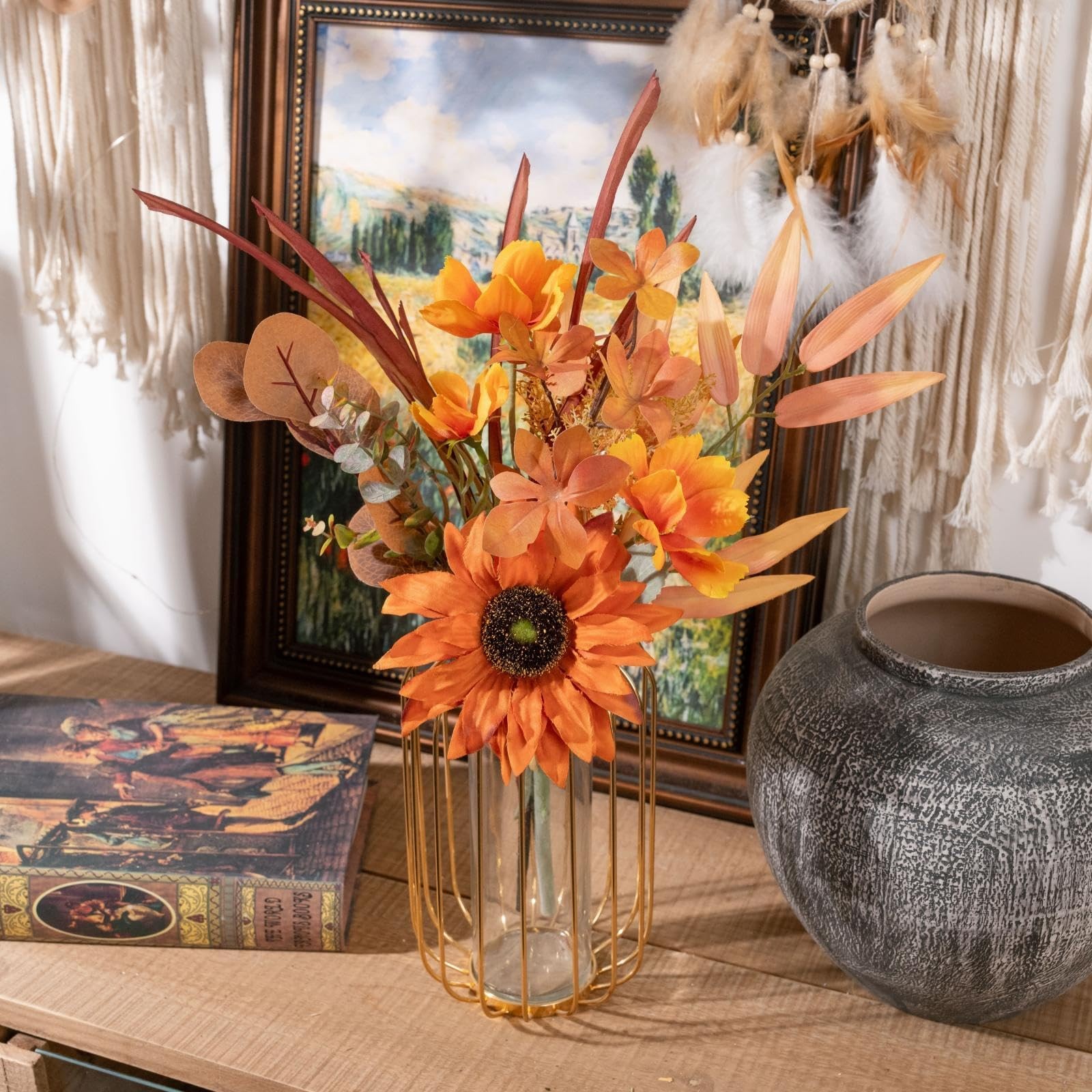 Fall Artificial Flowers 18.5 Inch Autumn Fake Silk Orange Sunflowers Decor