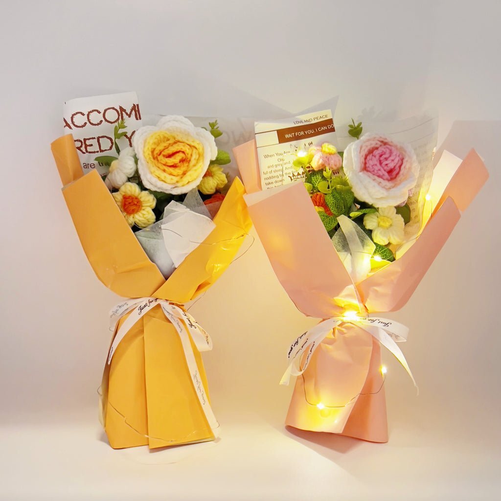Rose Crochet Flowers Bouquet Knitted Flower Wrap with Light and Bag for Gift Hom