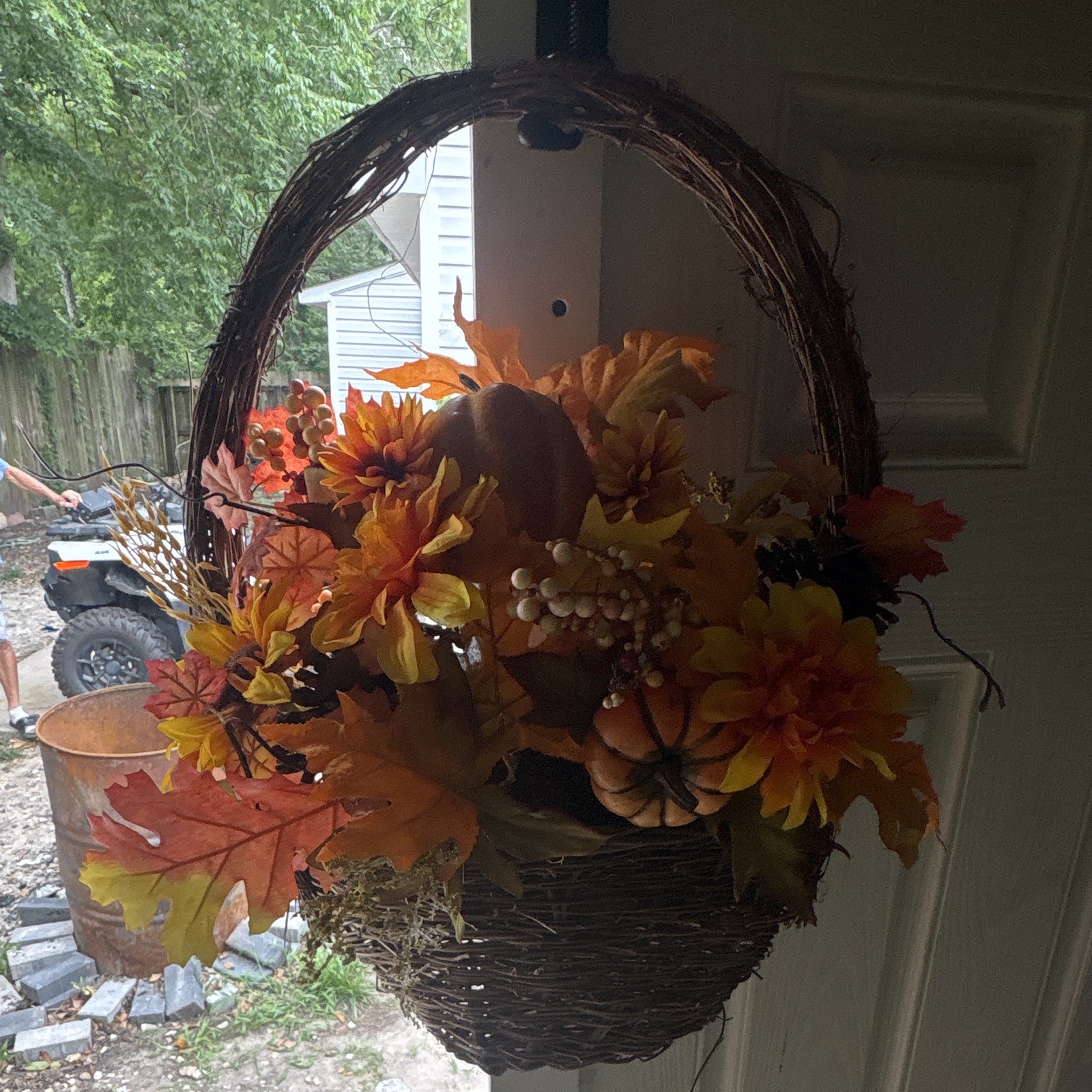Artificial Fall Hanging Wicker Basket Door Decor Pumpkin Maple Leaf Floral