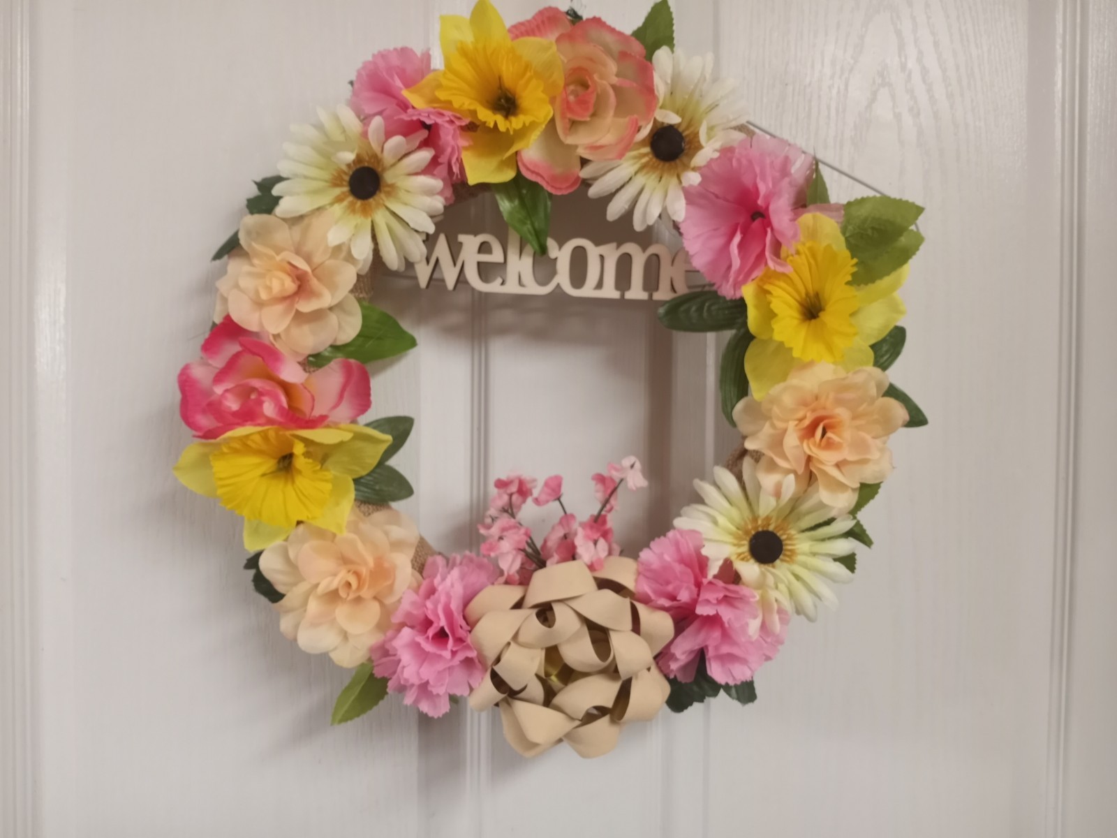 Homemade 14″ Artifical flower Spring Summer Welcome Floral Burlap Door Wreath
