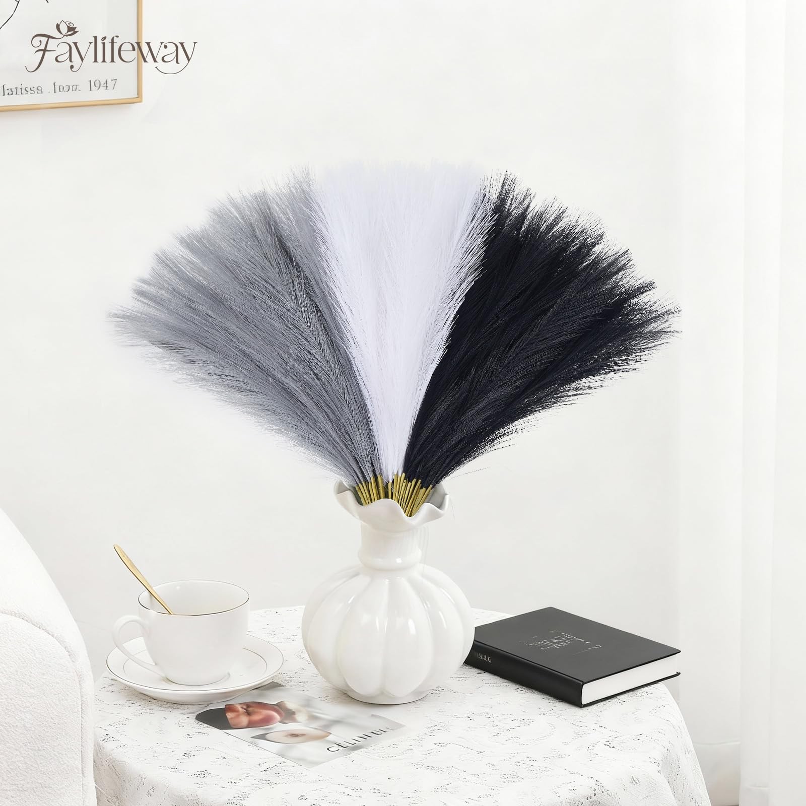 50pcs Pampas Grass 17in, Black and White Pampas Grass Artificial Fluffy Vase …