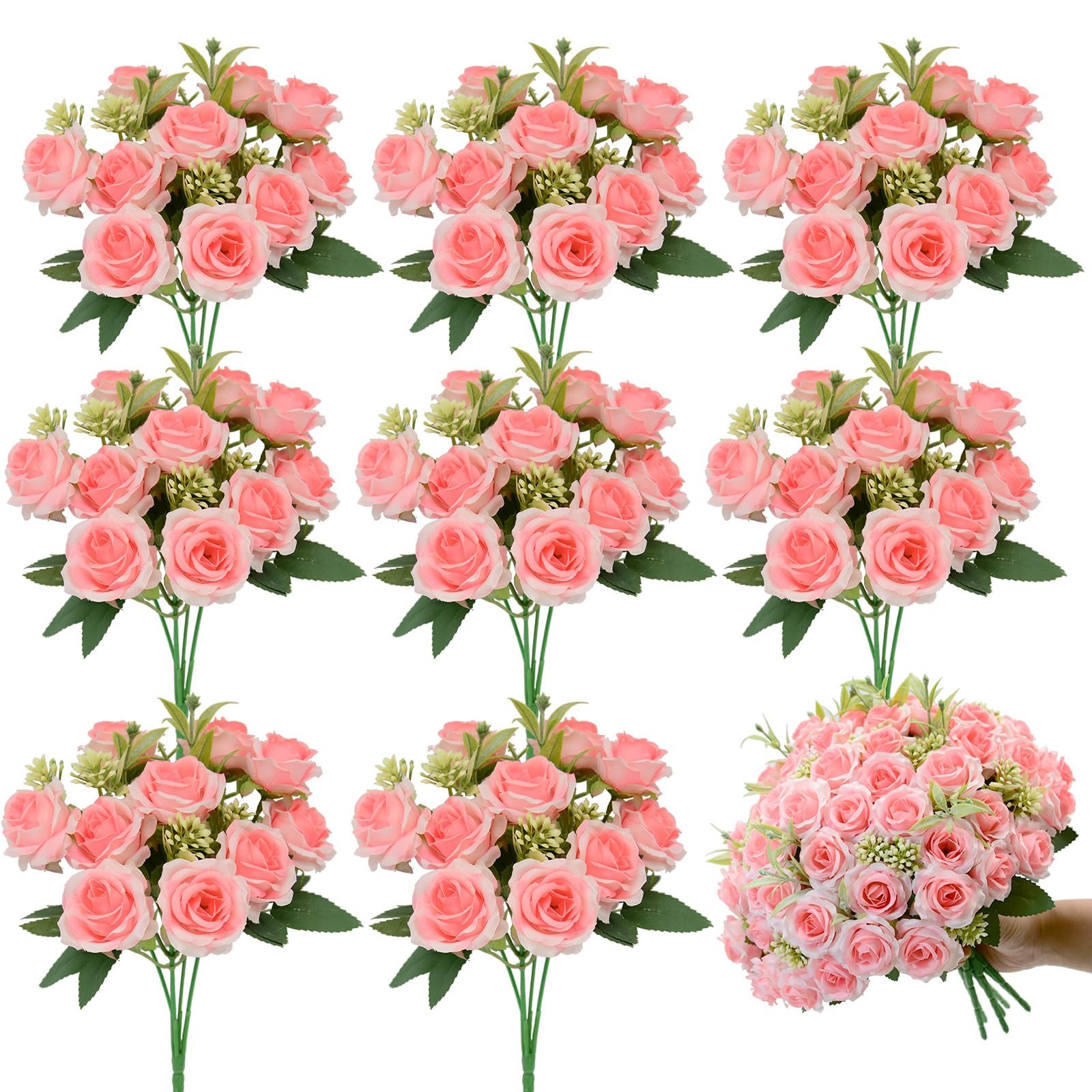 8 PCS Light Pink Artificial Rose Flowers Bouquet 10 Heads Per Pack Silk