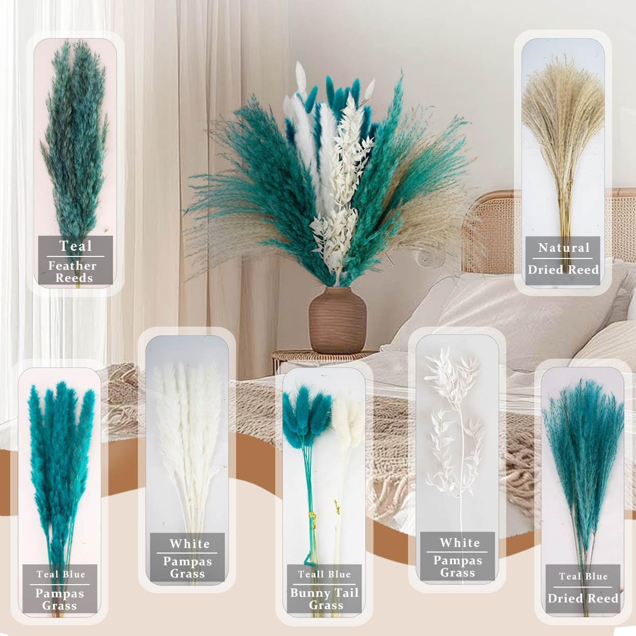 Pampas Grass Dried Flowers for Vase, Boho Home Decor, Wedding Decorations (Mixed