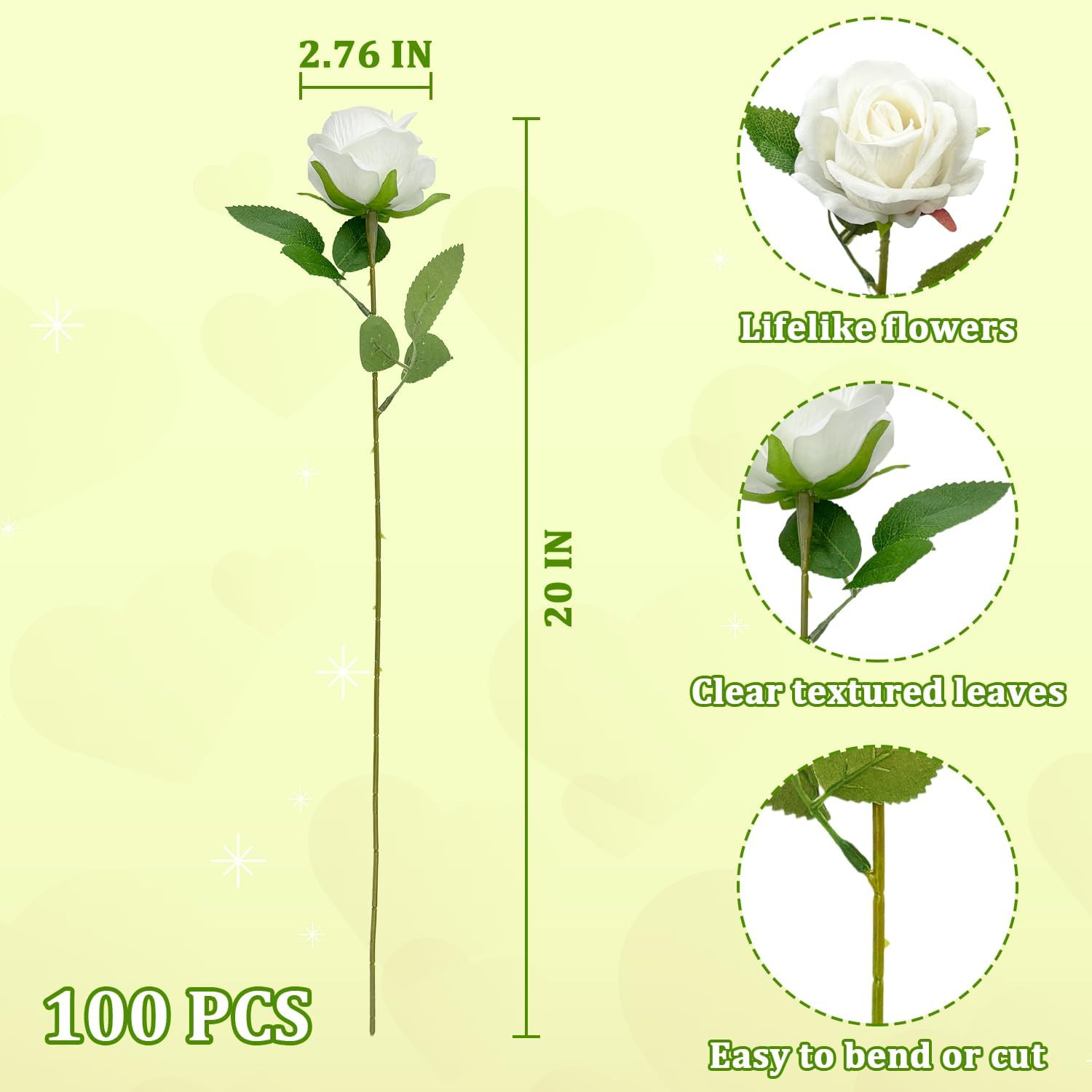 100 PCS Artificial White Roses Bulk Velvet Silk Fake Flowers Wedding Centerpiece
