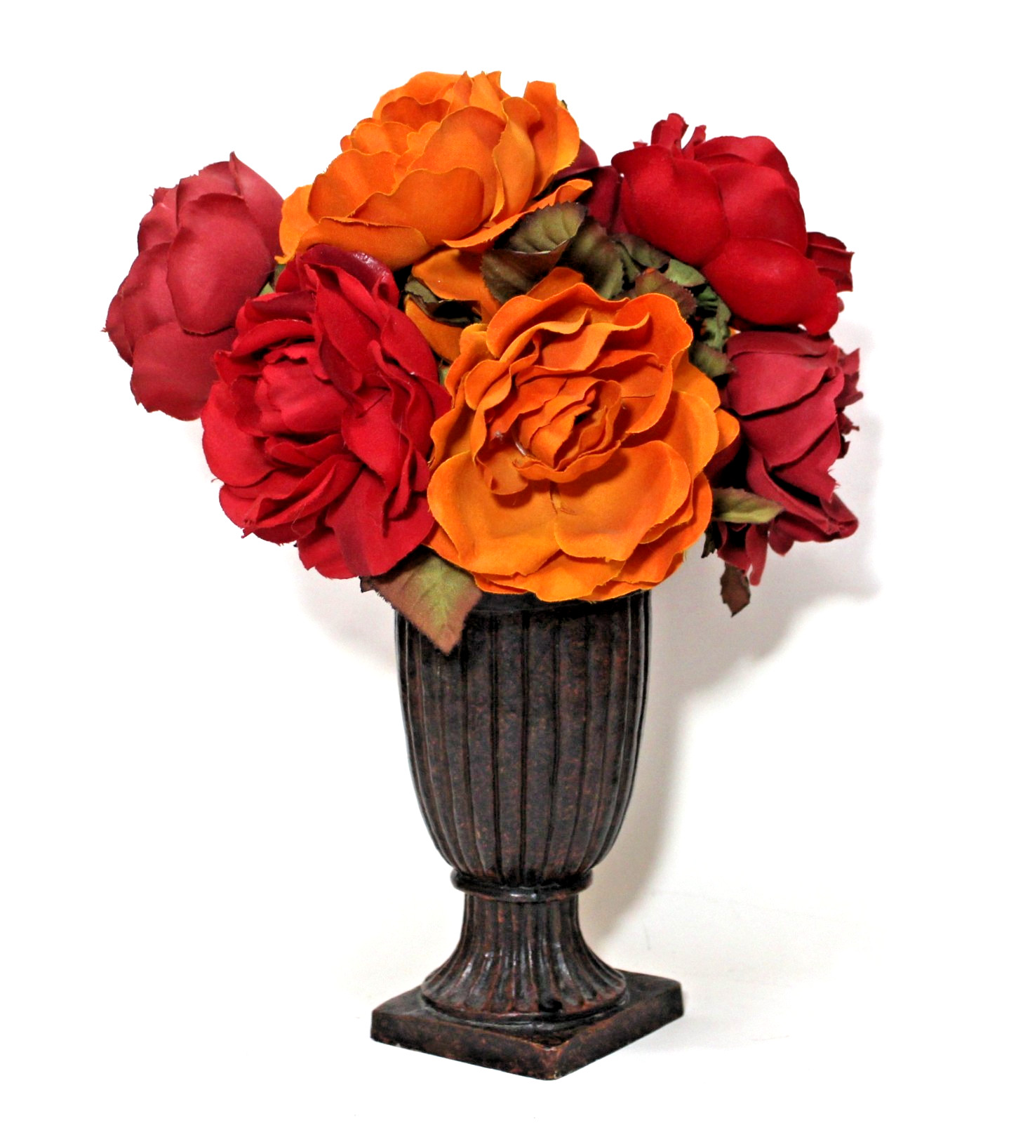Vintage Urn Planter Brown Vase with Silk Flower Arrangement Red Roses