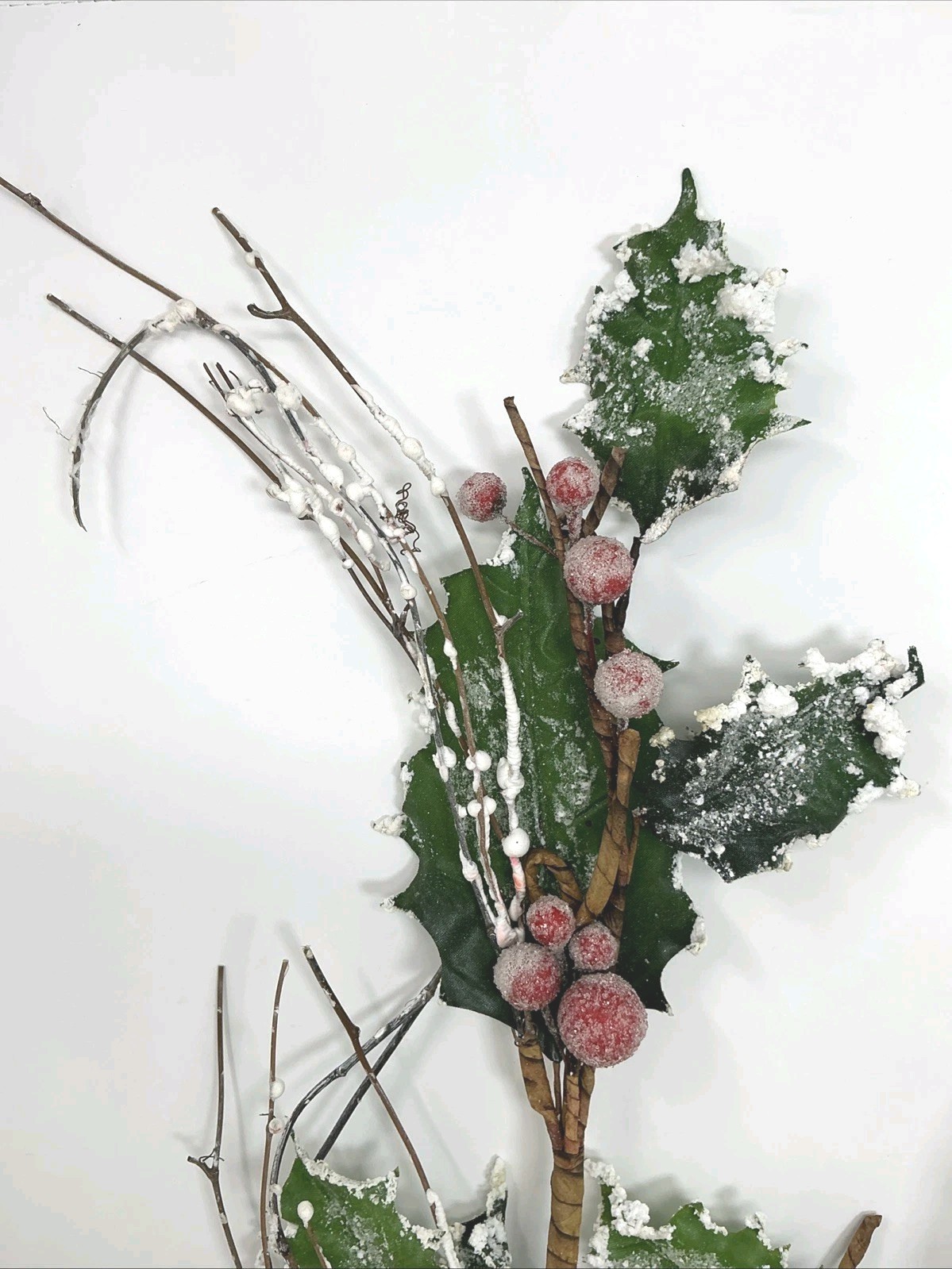 Holly Leaf Floral Pick w Flocked Edges Red Sugar Berries 36” 2 Picks Artificial