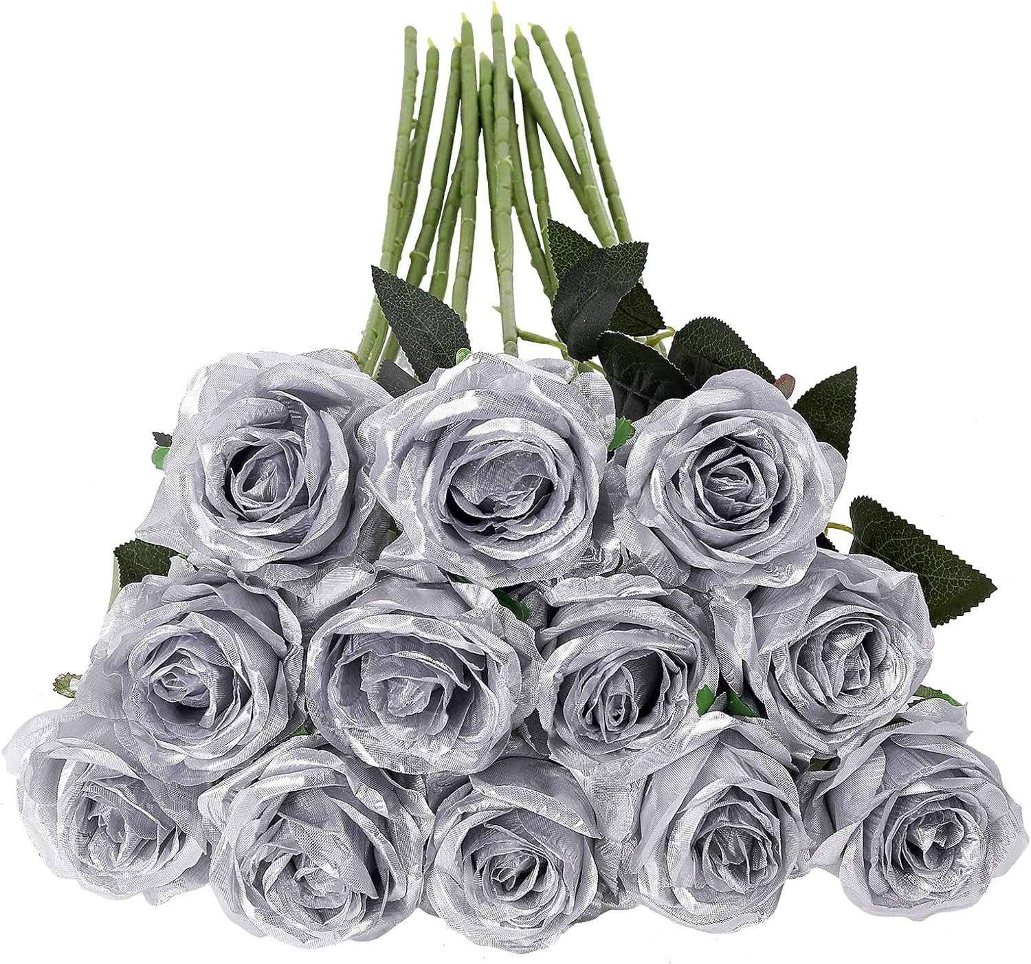 Silver Roses Artificial Flowers -12Pcs Realistic Single Long Stem Fake Silk Rose