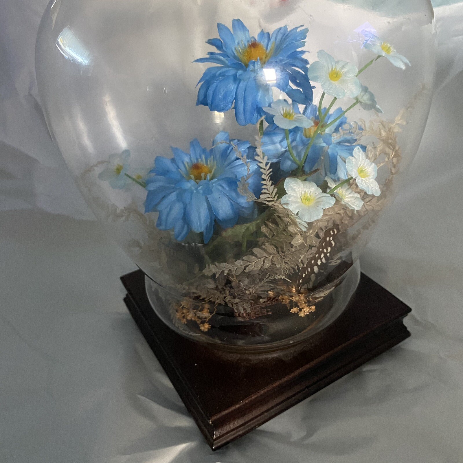 Silk Blue Flowers Glass Terranium Vintage Display Wood Stand Base