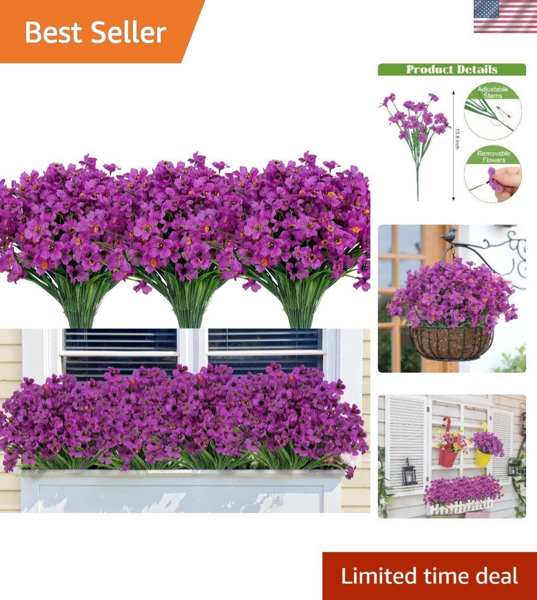 24 Bundles Artificial Flowers for Outdoors Decoration, UV Resistant Purple Si…