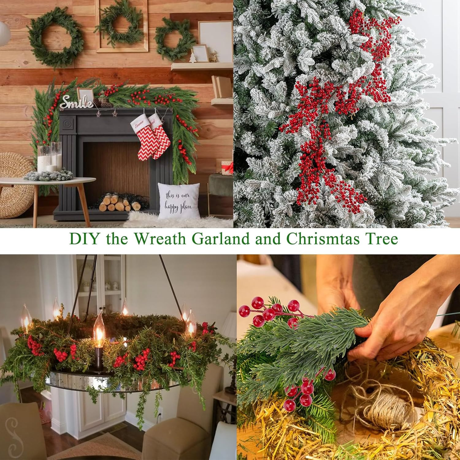 45Pcs Artificial Pine Branches with Red Berries 13In Xmas Stems for Wreath Decor