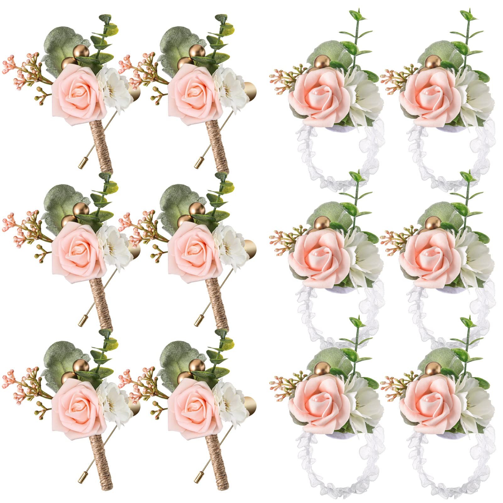 12 PCS Pink Wedding Wrist Corsage and Boutonniere Set Prom Accessories