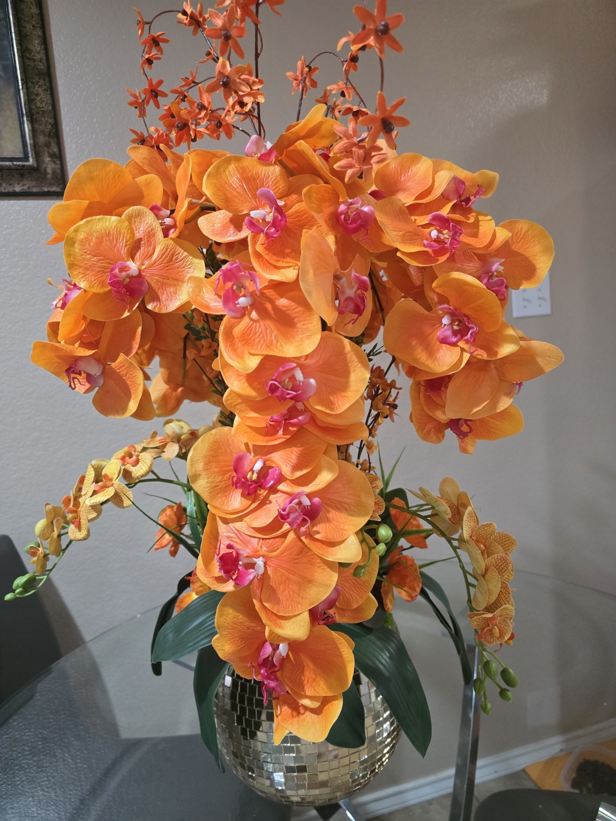 Artificial Orange Orchid Flower Arrangement in Gold Vase Houseplant Plastic Silk