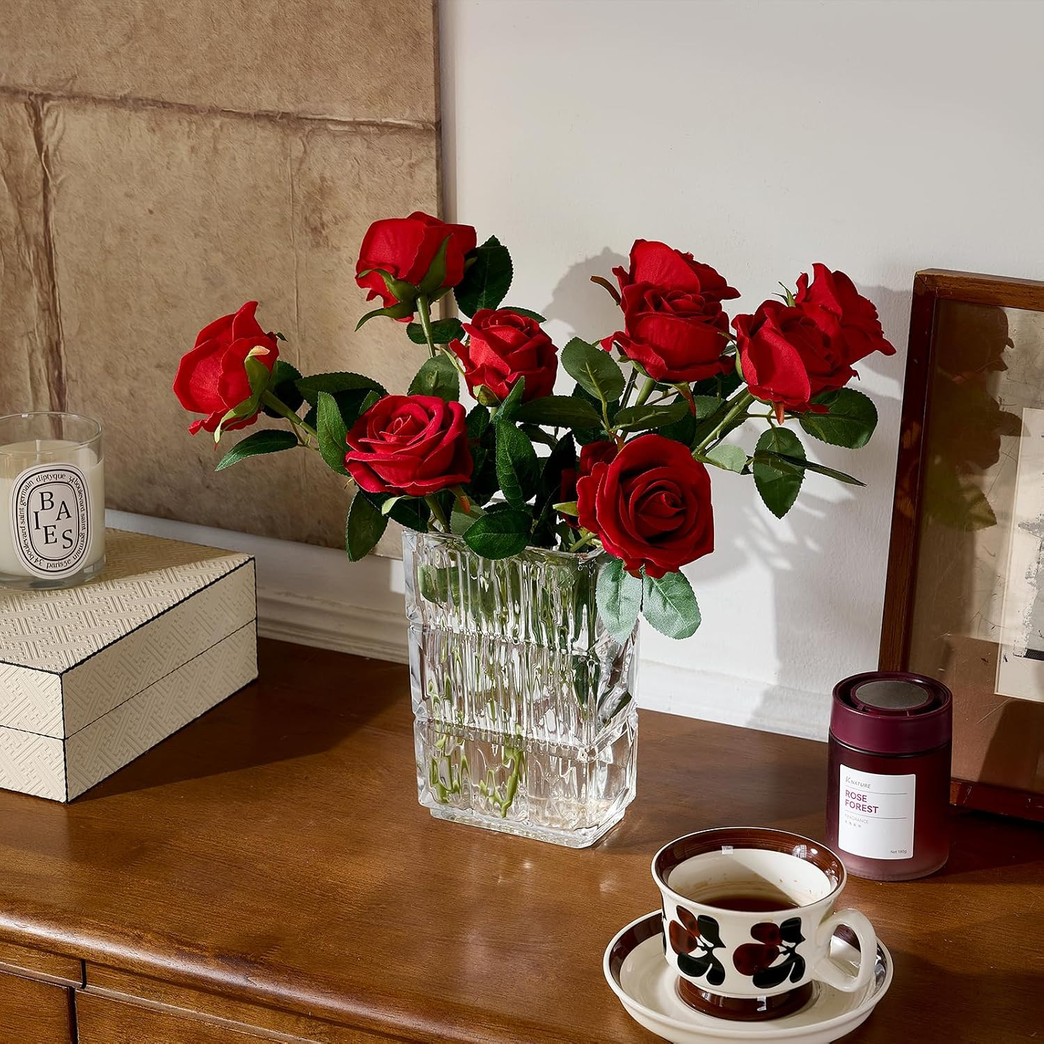 48PCS Realistic Red Velvet Roses with Bendable Stems for DIY Decor & Bouquets