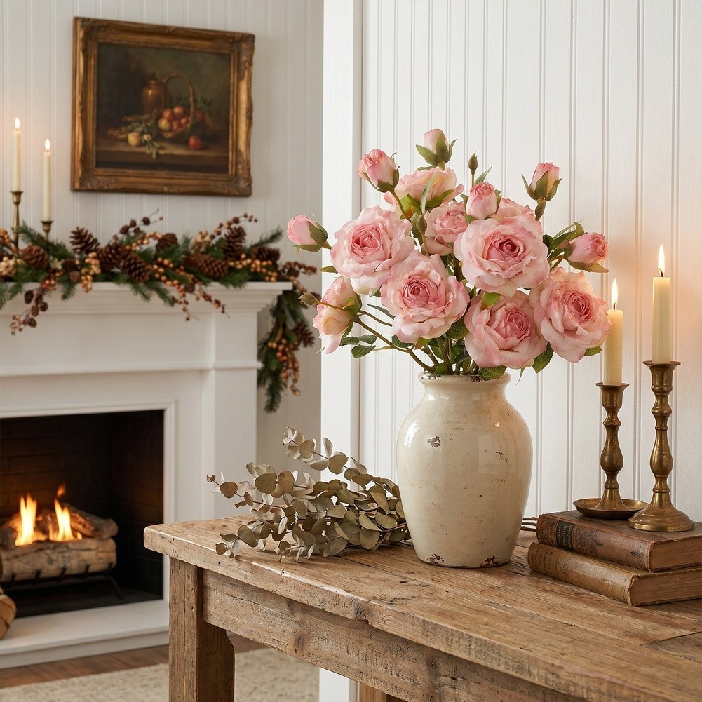 Burnt Edge Artificial Roses 5 Pack 20.5 in Silk Floral Stems Pink White Red