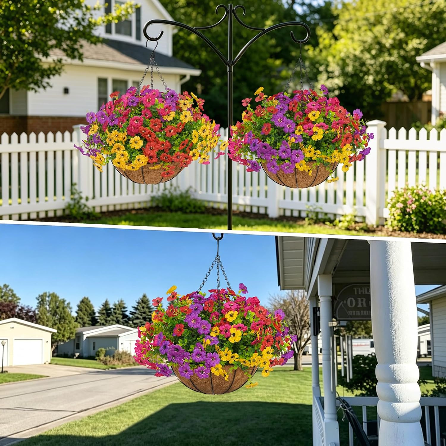 2 Set Artificial Outdoor Flowers with Hanging Basket for Garden Porch Patio Balc