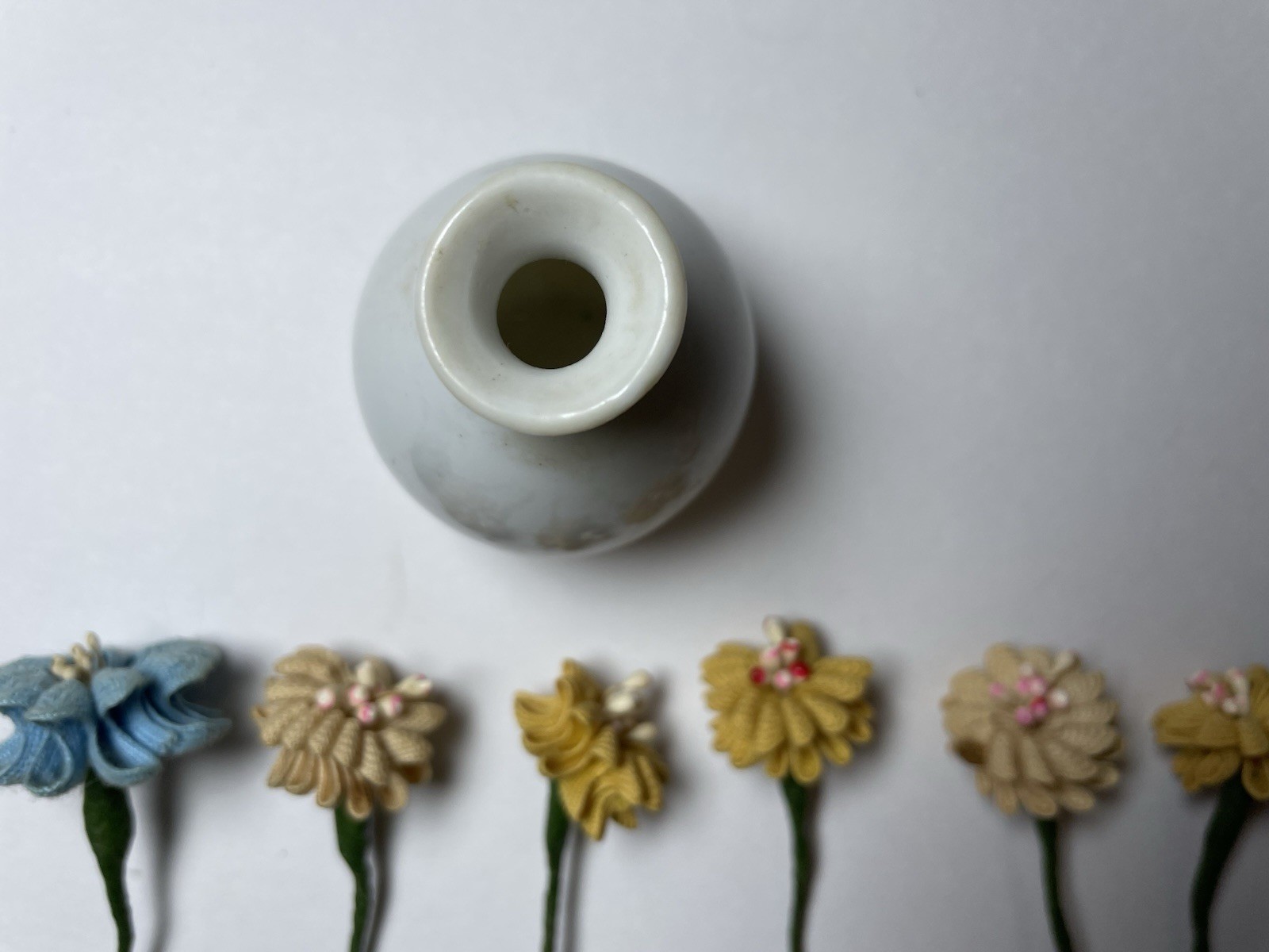 Cloth Flowers and White Ceramic Vase Miniature Decor Made in Japan 4”