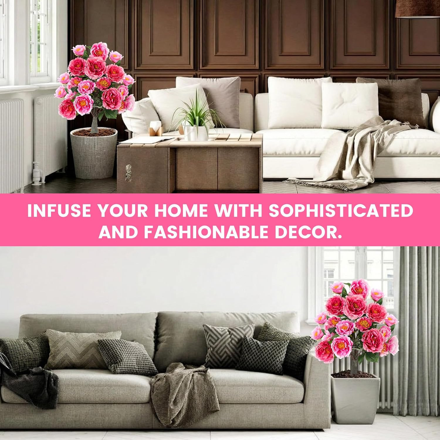 2 Pack 36″ UV Resistant Artificial Peonies for Indoor/Outdoor Decor – Champagne