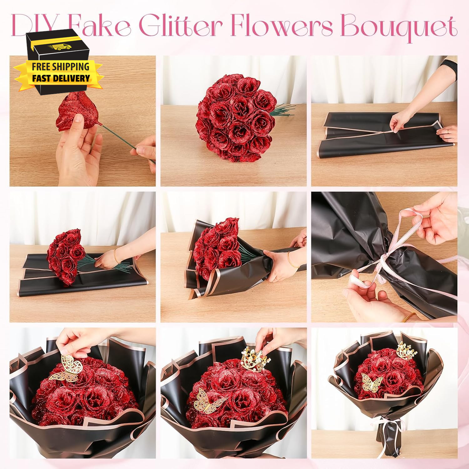 Glitter Roses Bouquet, 24 Roses DIY Fake Glitter Flowers Bouquet, Everlasting Sh