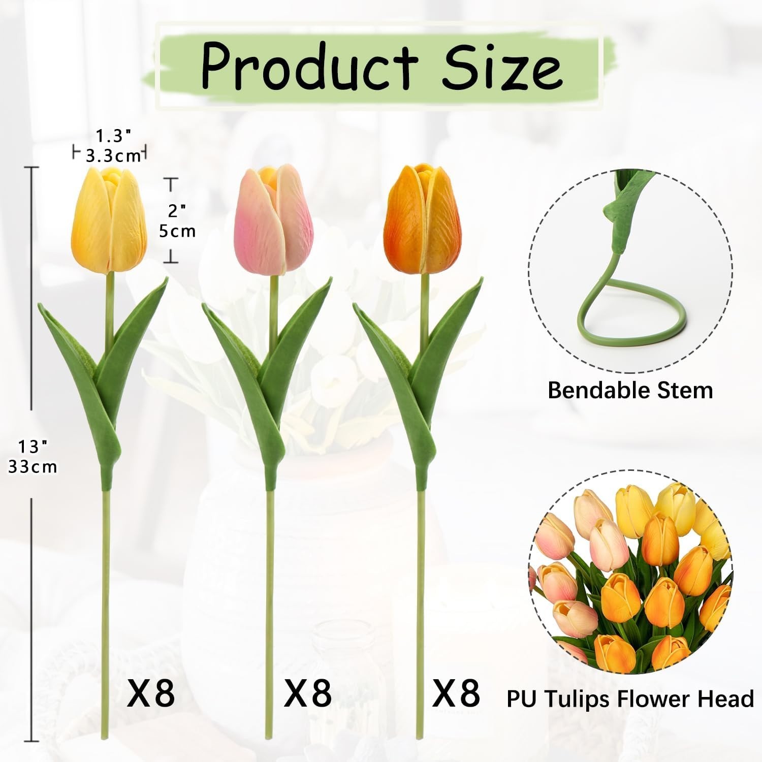 24 Pcs 13.5 in Mixcolor Artificial Tulips Flowers Real Touch Fake Tulips