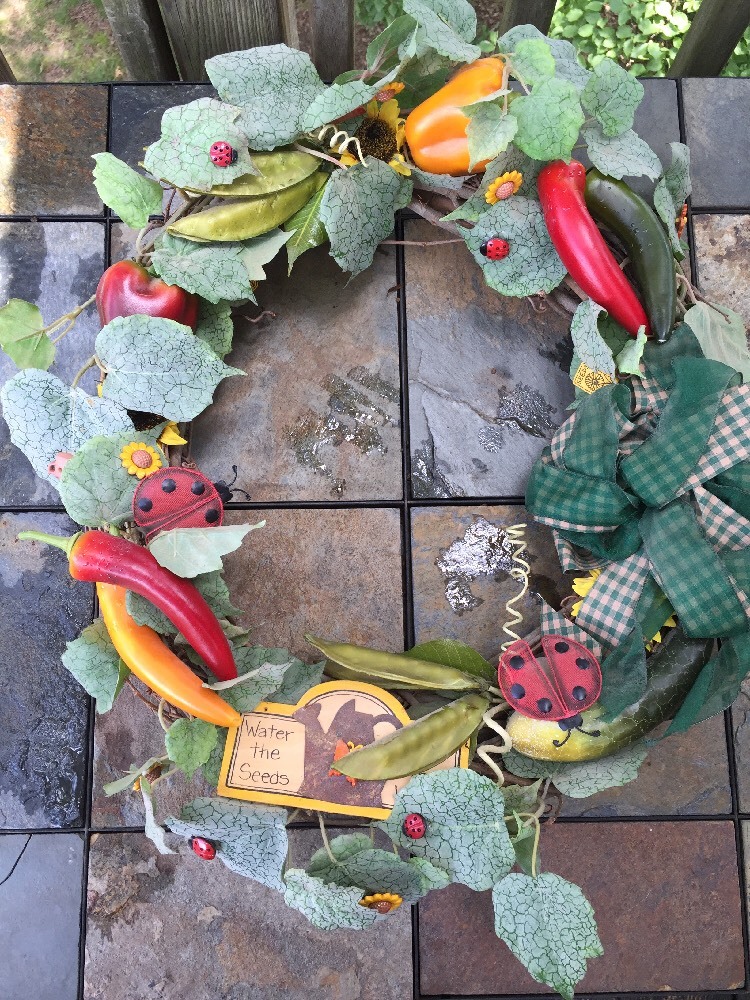Chili Pepper Sunflower Ladybug Peapod Watering Can Seeds Wreath 16″ by 5″ Deep