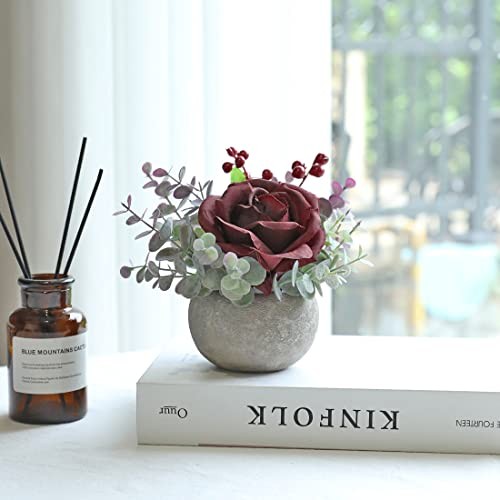 Artificial Flowers Kit with Pot, Combination of Fake Silk Red Roses Burgundy