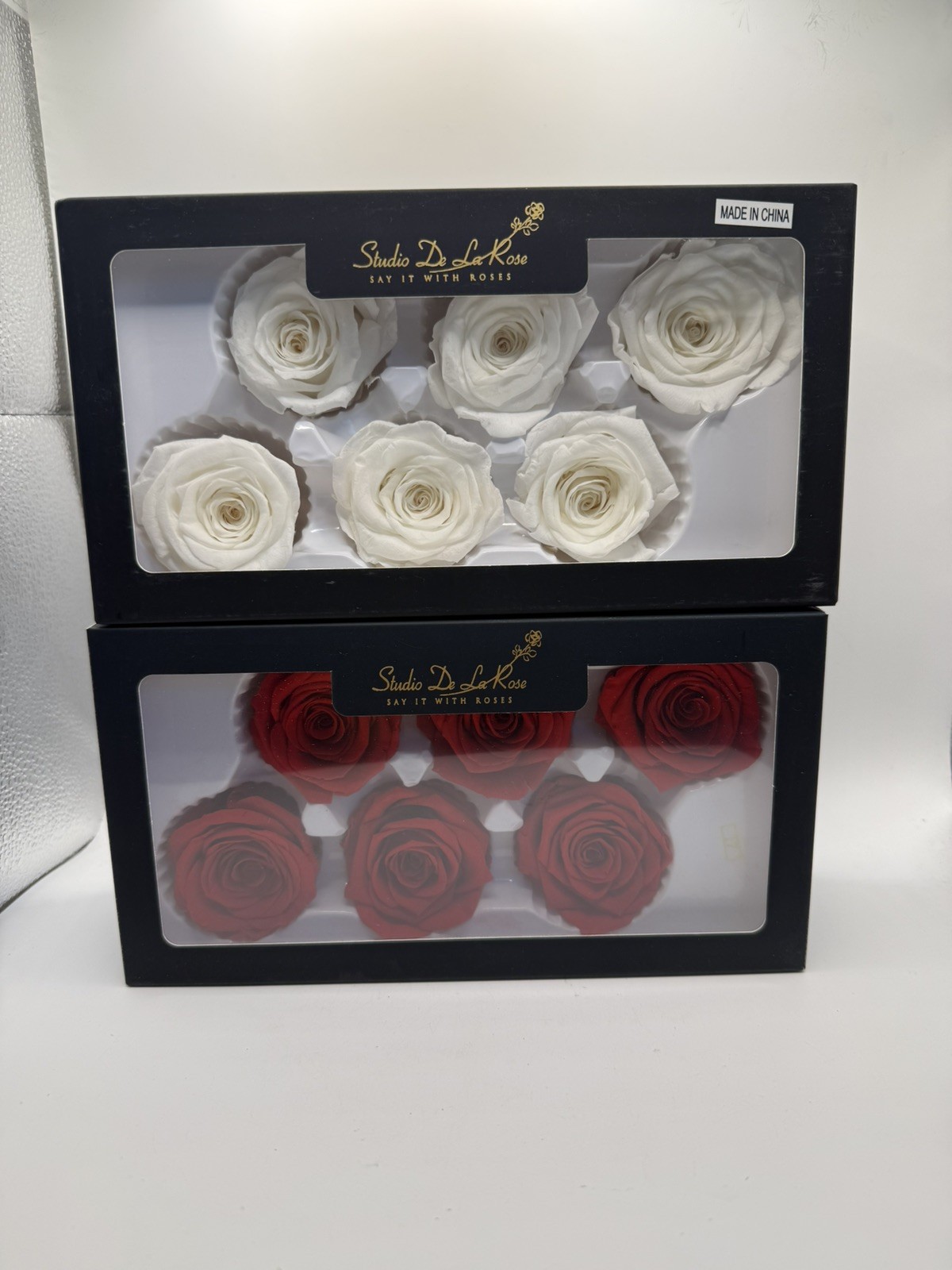 Lot of 8 Preserved Rose Flowers -100% Real, Studio De La Rose RED and WHITE