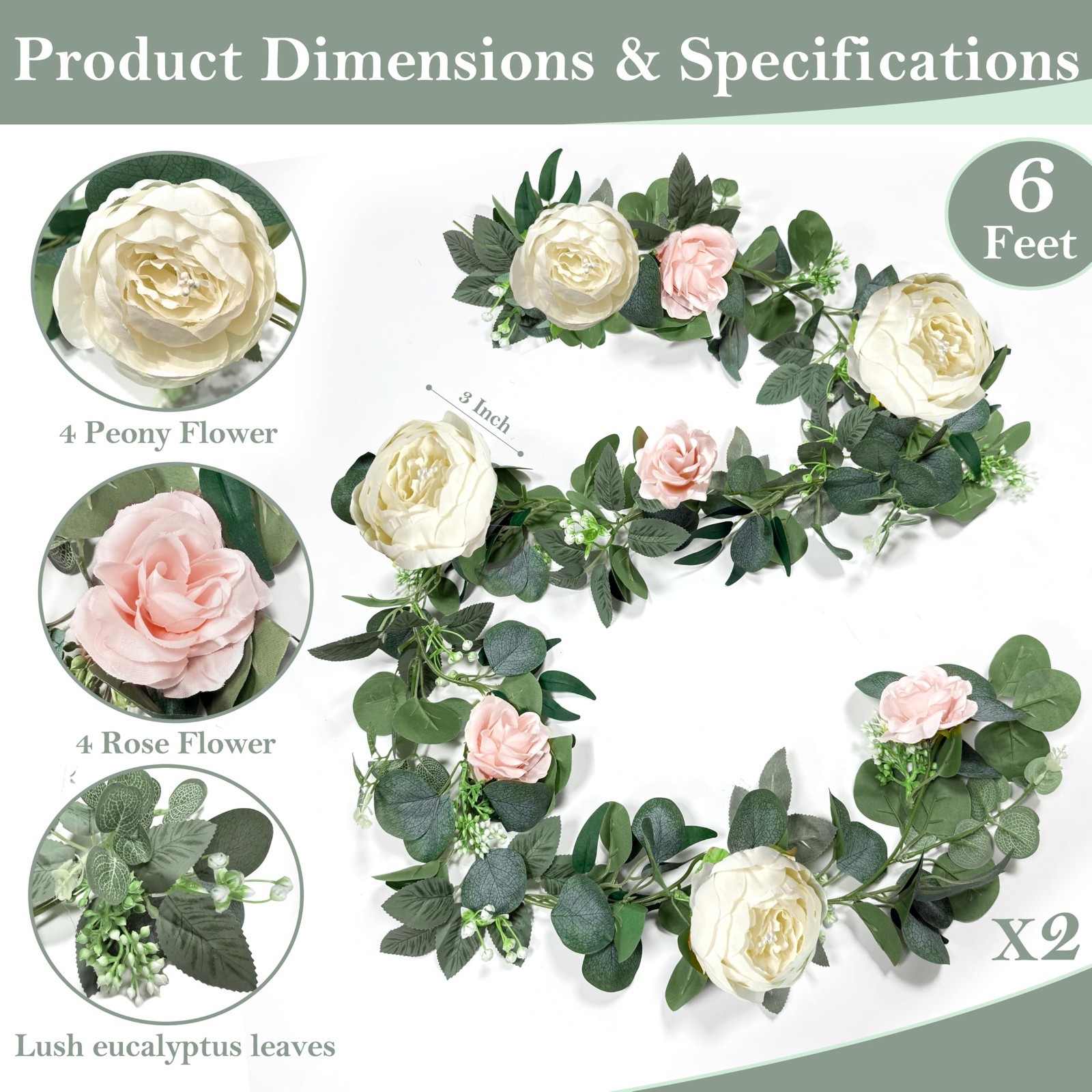 2 Pack 13FT Eucalyptus Flower Garland with White Peony & Pink Rose, Fake Floral