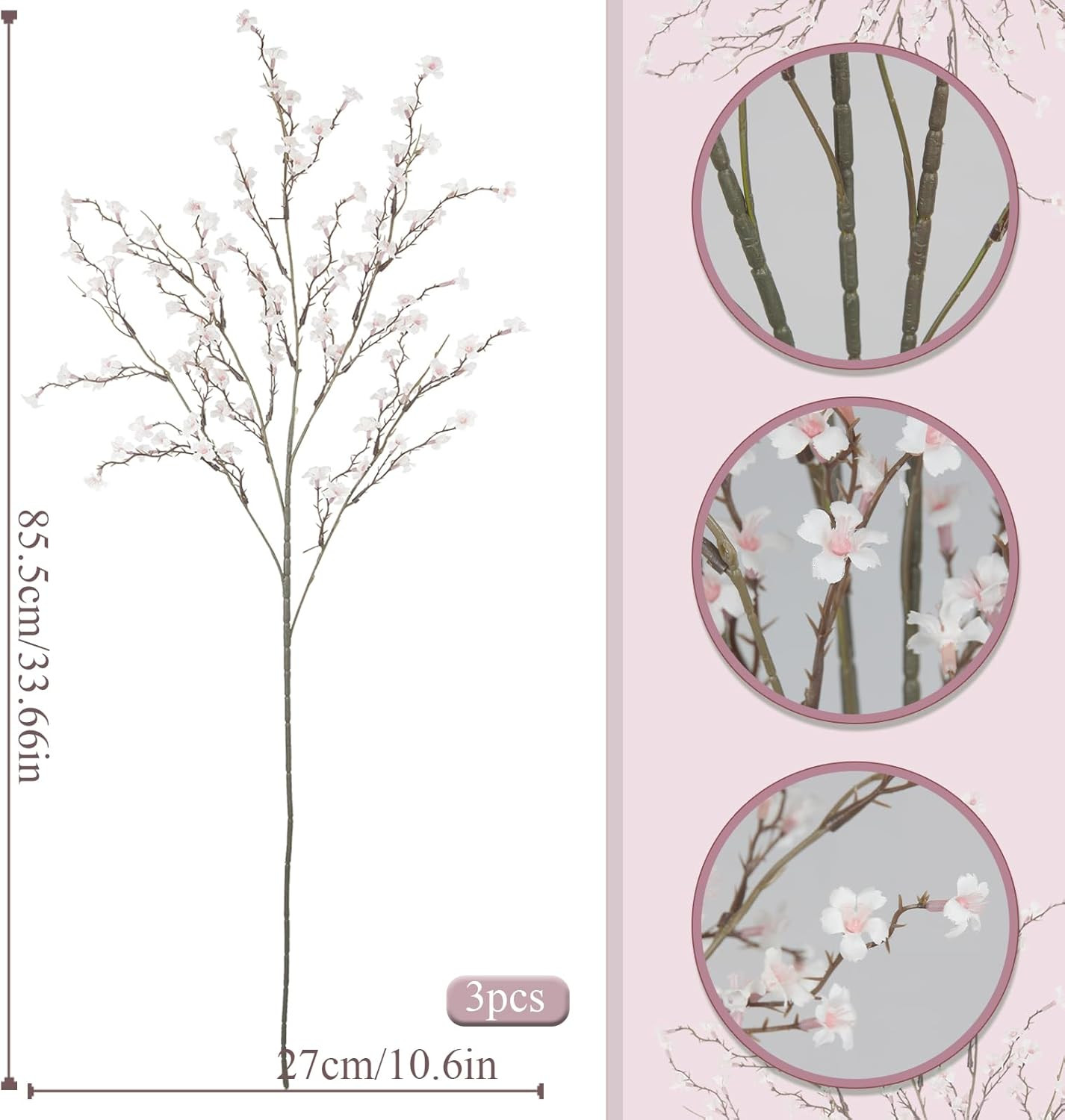 3 Pcs Cherry Blossom Branches Artificial Flowers for Spring Summer Indoor Decora