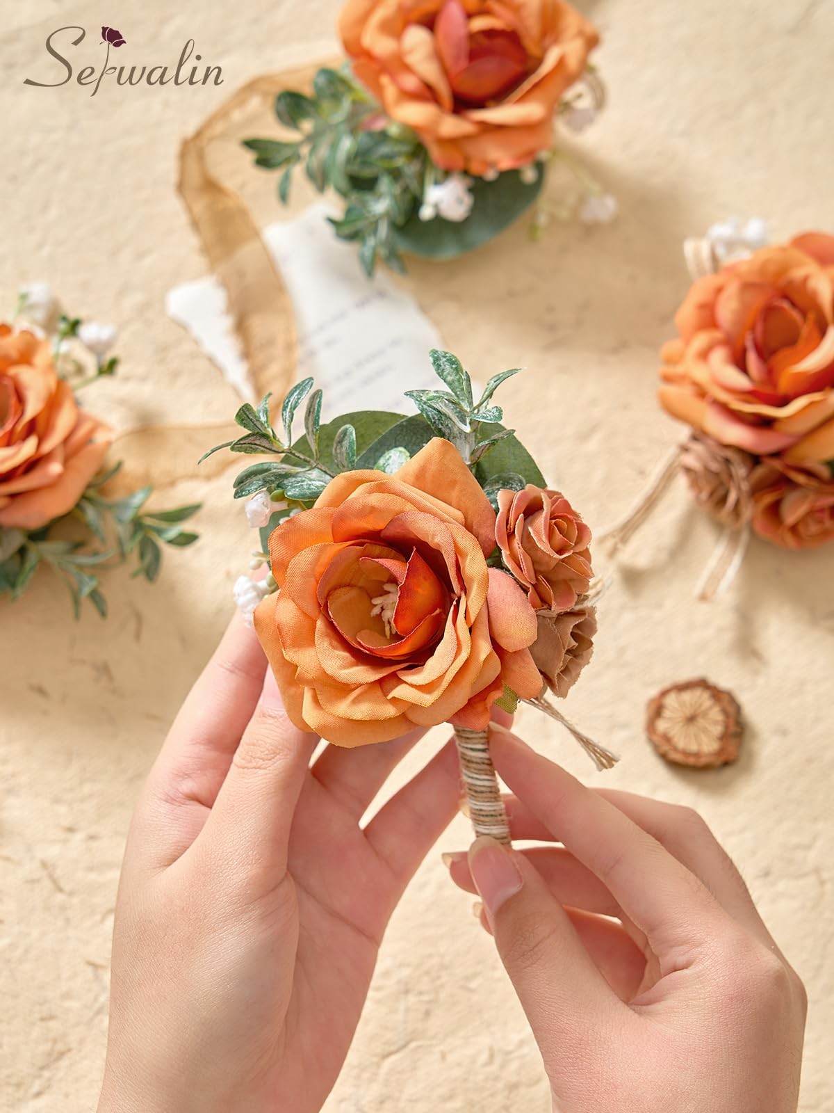 6PCS Orange Rose Boutonniere for Men Wedding Groom Groomsmen Best Man Boutonn…